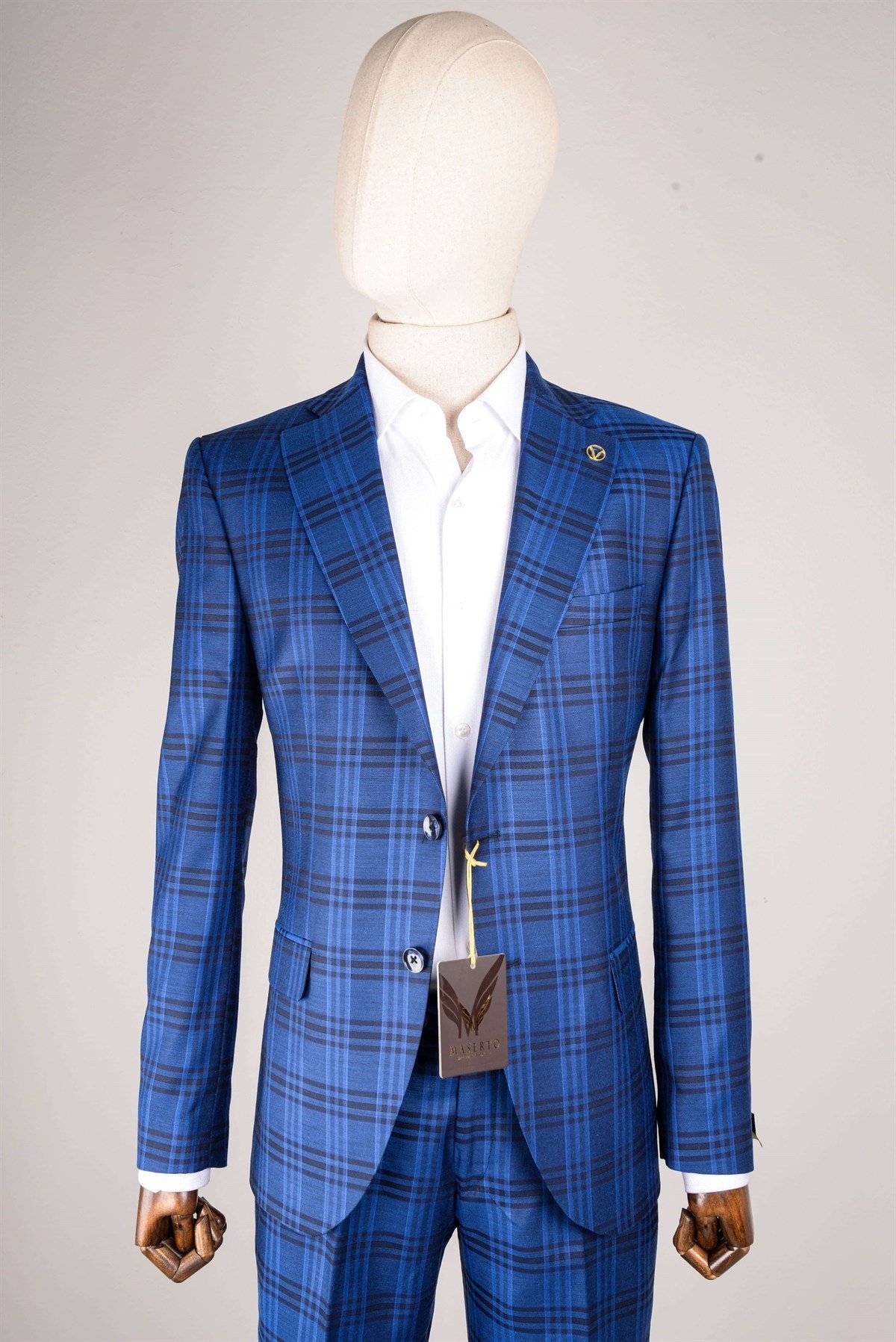 Maserto Slim Fit Mavi Takım Elbise Ekose Desenli