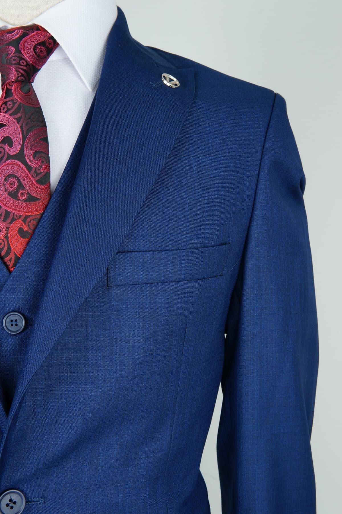 Maserto Slim Fit Mavi Takım Elbise Kendinden Desenli