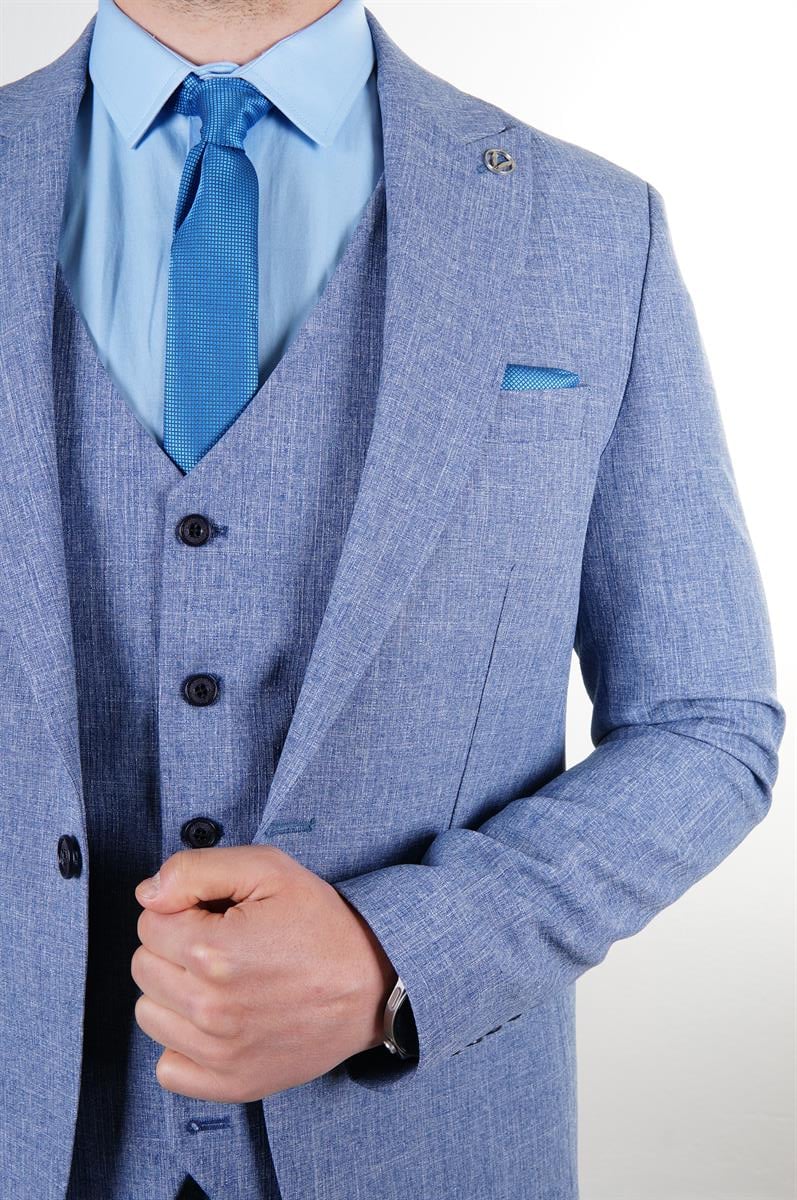 Maserto Slim Fit Mavi Takım Elbise Kendinden Desenli