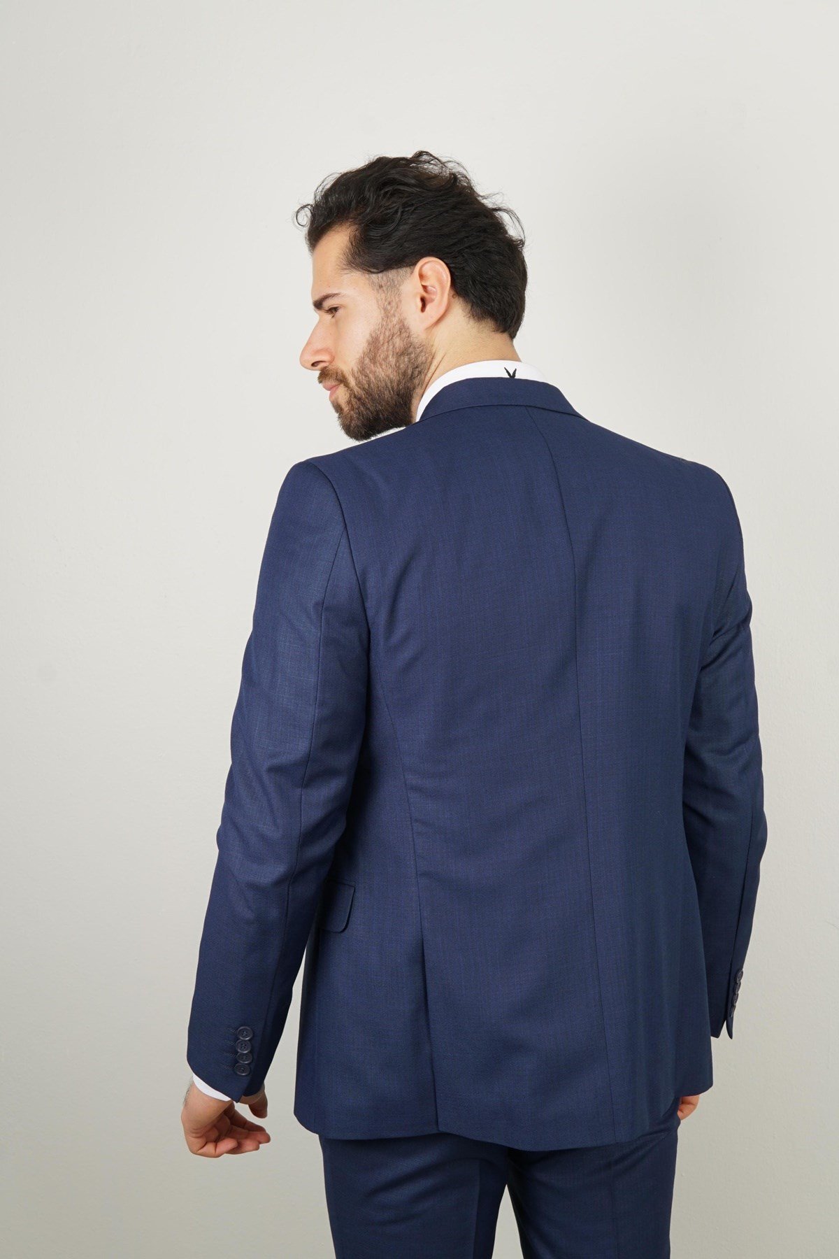 Maserto Slim Fit Mavi Takım Elbise Kendinden Desenli