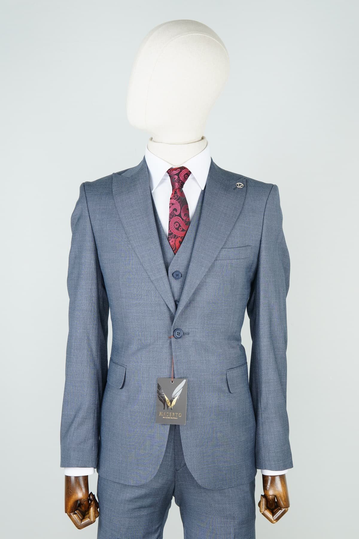 Maserto Slim Fit Mavi Takım Elbise Kendinden Desenli