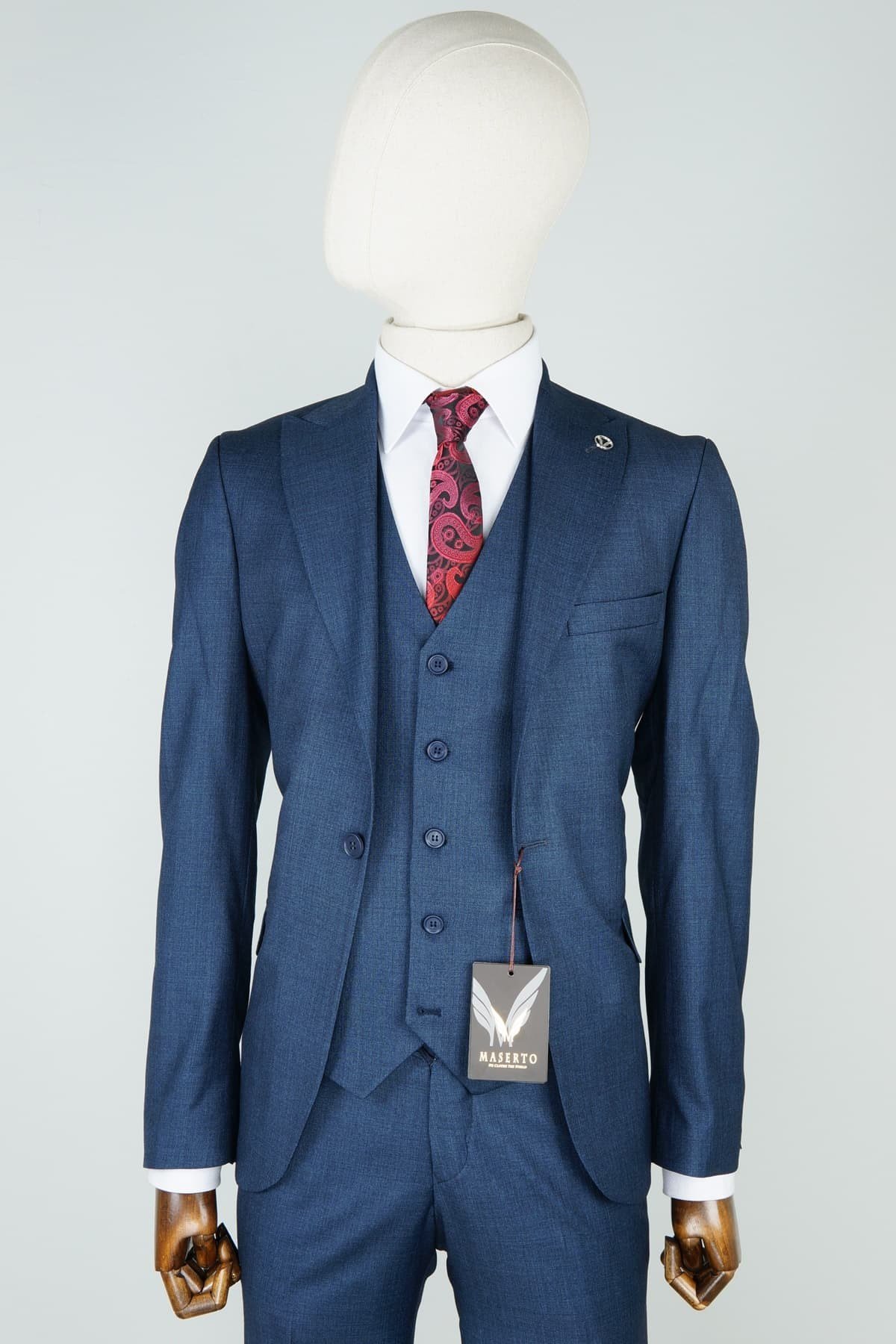 Maserto Slim Fit Mavi Takım Elbise Kendinden Desenli