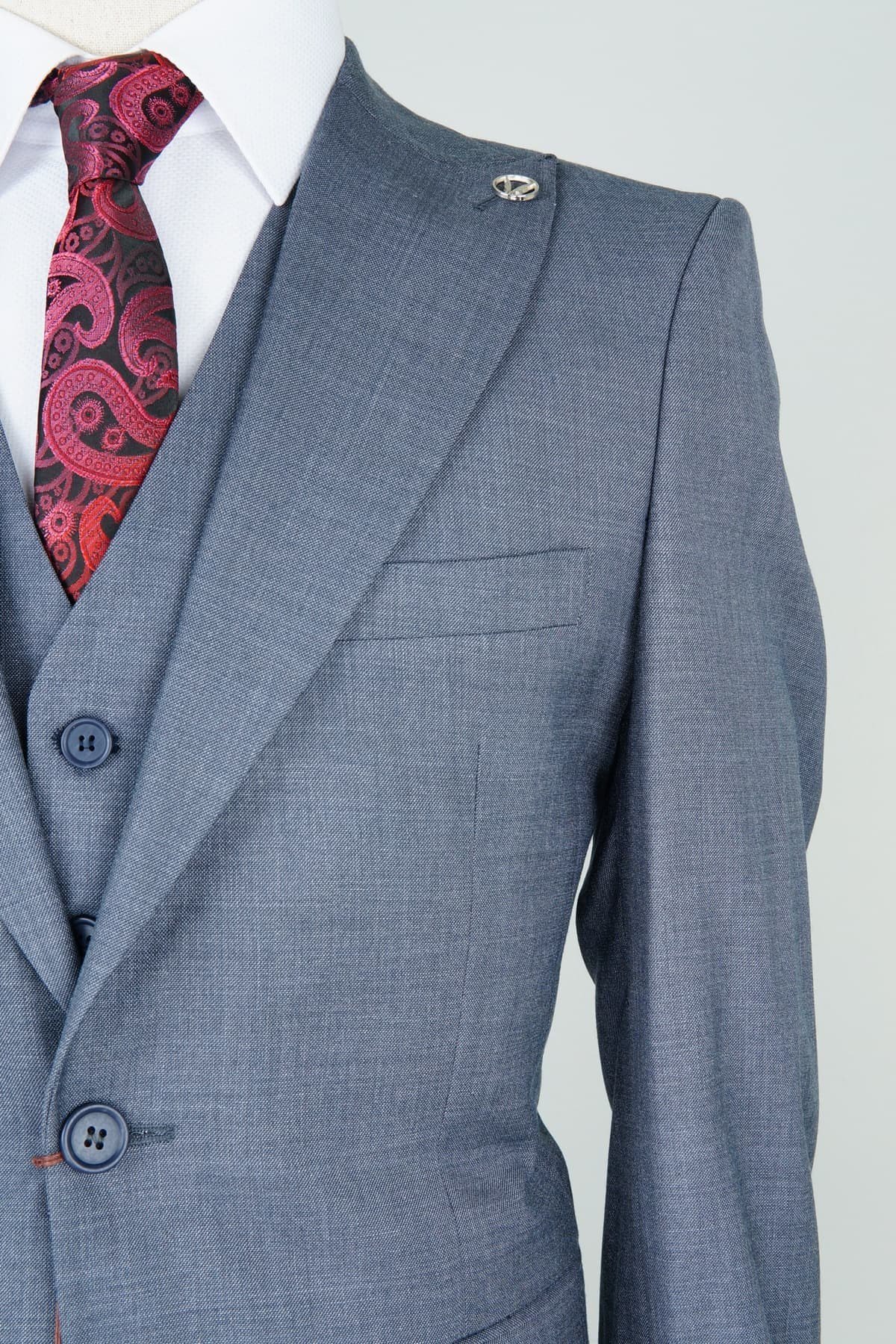 Maserto Slim Fit Mavi Takım Elbise Kendinden Desenli