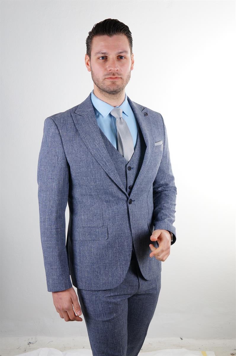 Maserto Slim Fit Mavi Takım Elbise Kendinden Desenli