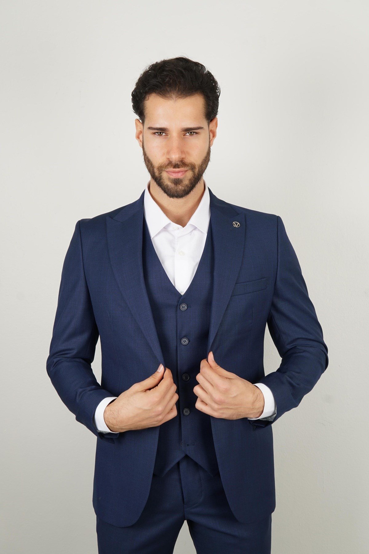 Maserto Slim Fit Mavi Takım Elbise Kendinden Desenli