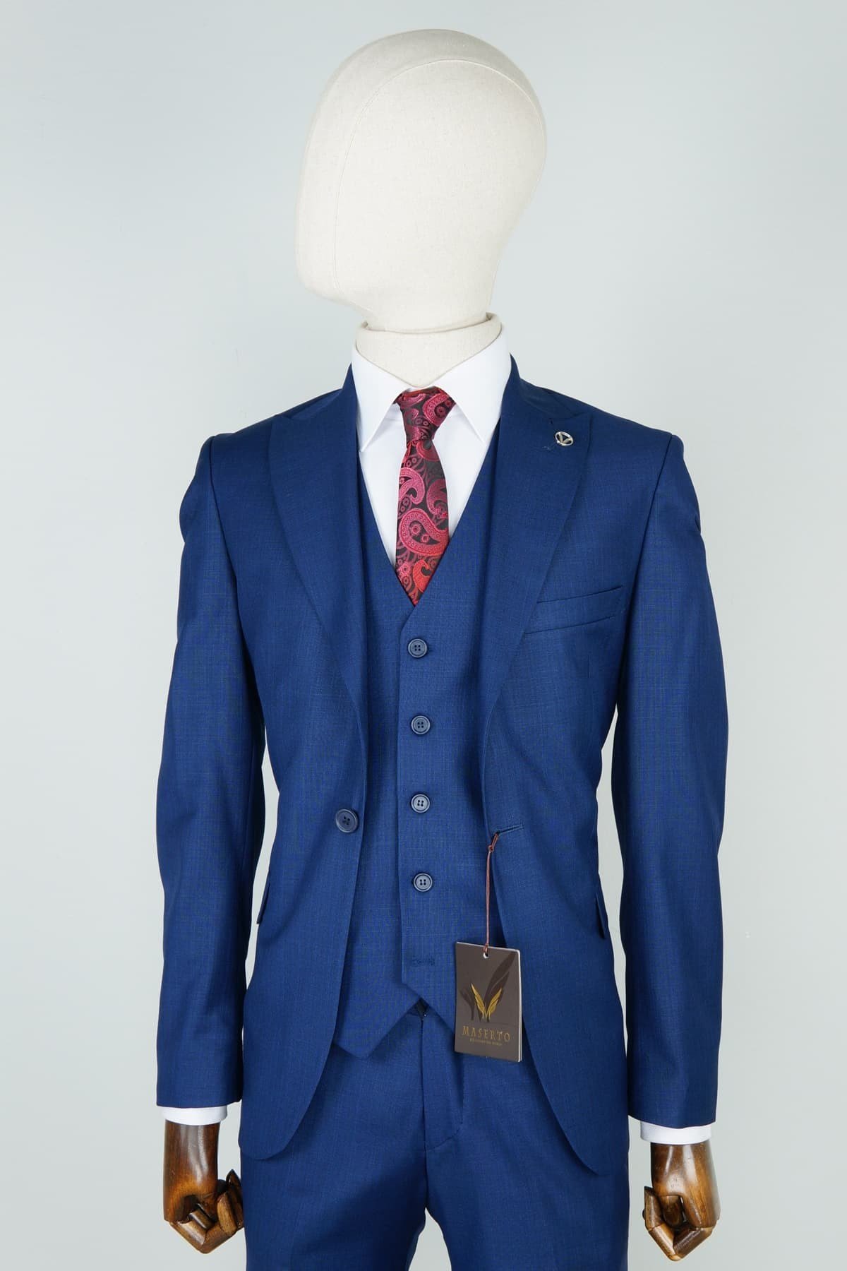 Maserto Slim Fit Mavi Takım Elbise Kendinden Desenli