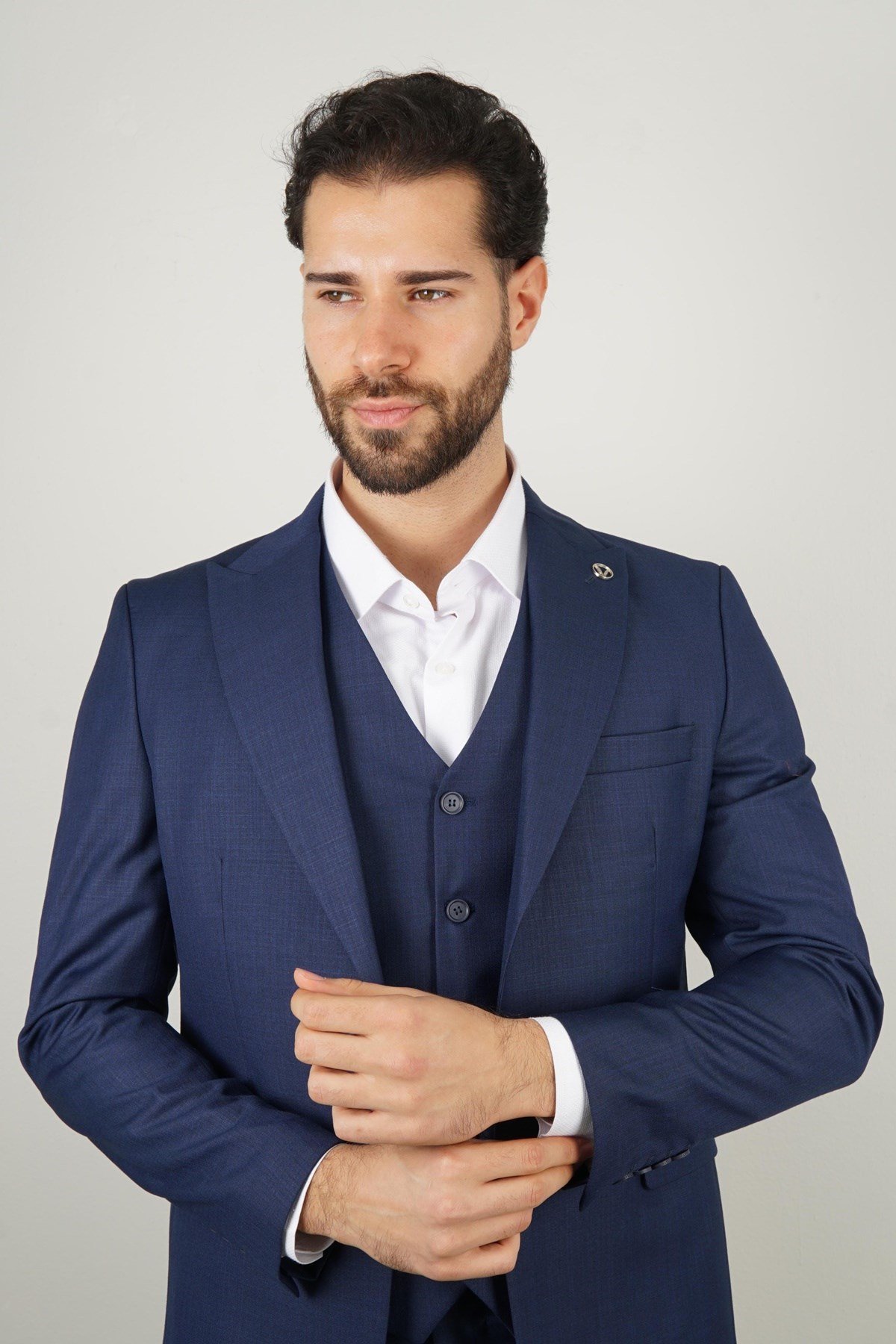 Maserto Slim Fit Mavi Takım Elbise Kendinden Desenli