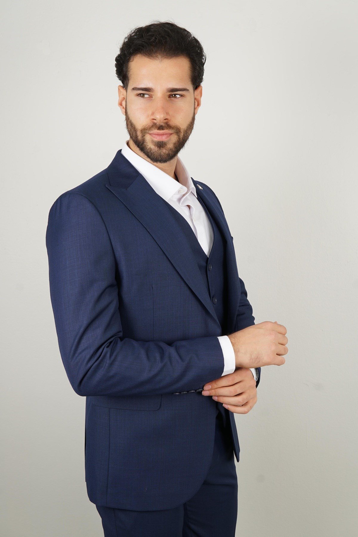 Maserto Slim Fit Mavi Takım Elbise Kendinden Desenli