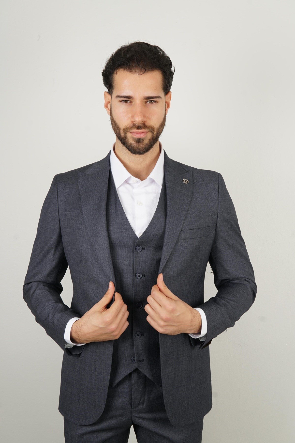 Maserto Slim Fit Mavi Takım Elbise Kendinden Desenli
