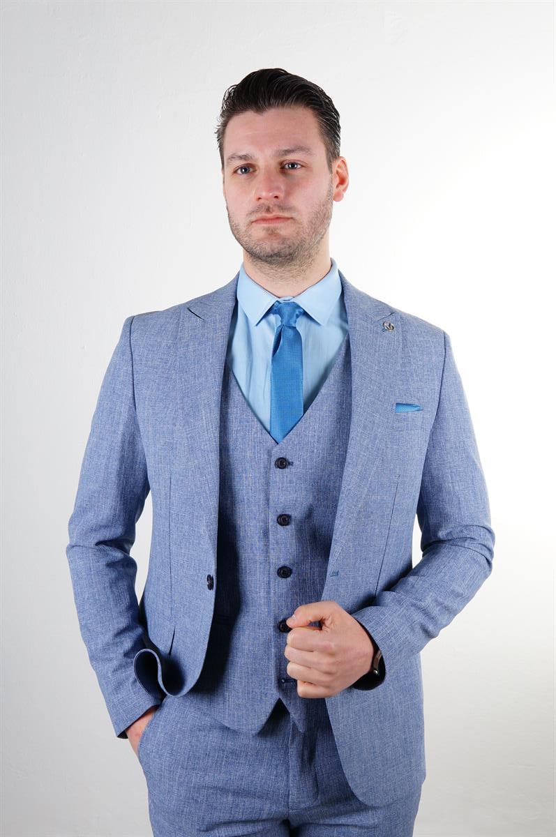 Maserto Slim Fit Mavi Takım Elbise Kendinden Desenli