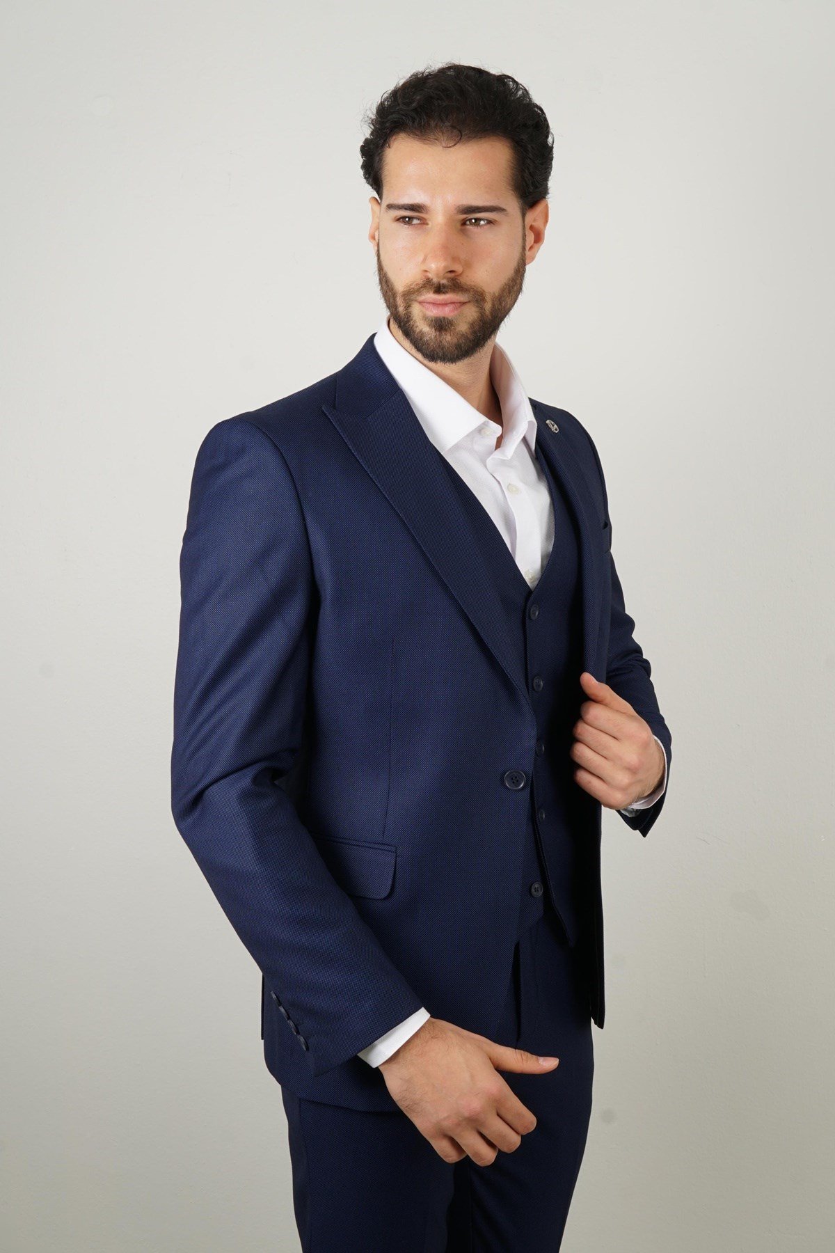 Maserto Slim Fit Mavi Takım Elbise Kendinden Desenli