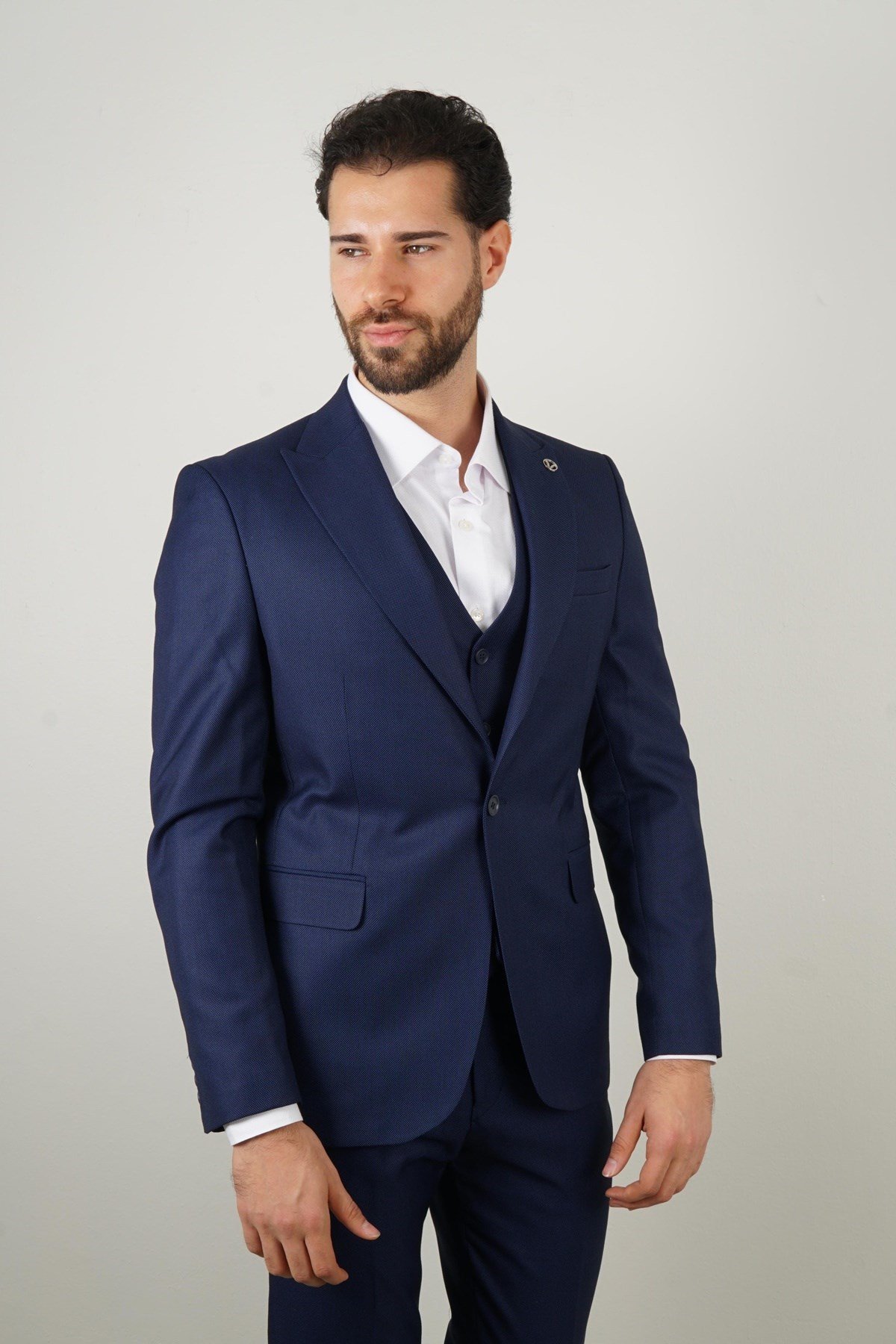 Maserto Slim Fit Mavi Takım Elbise Kendinden Desenli