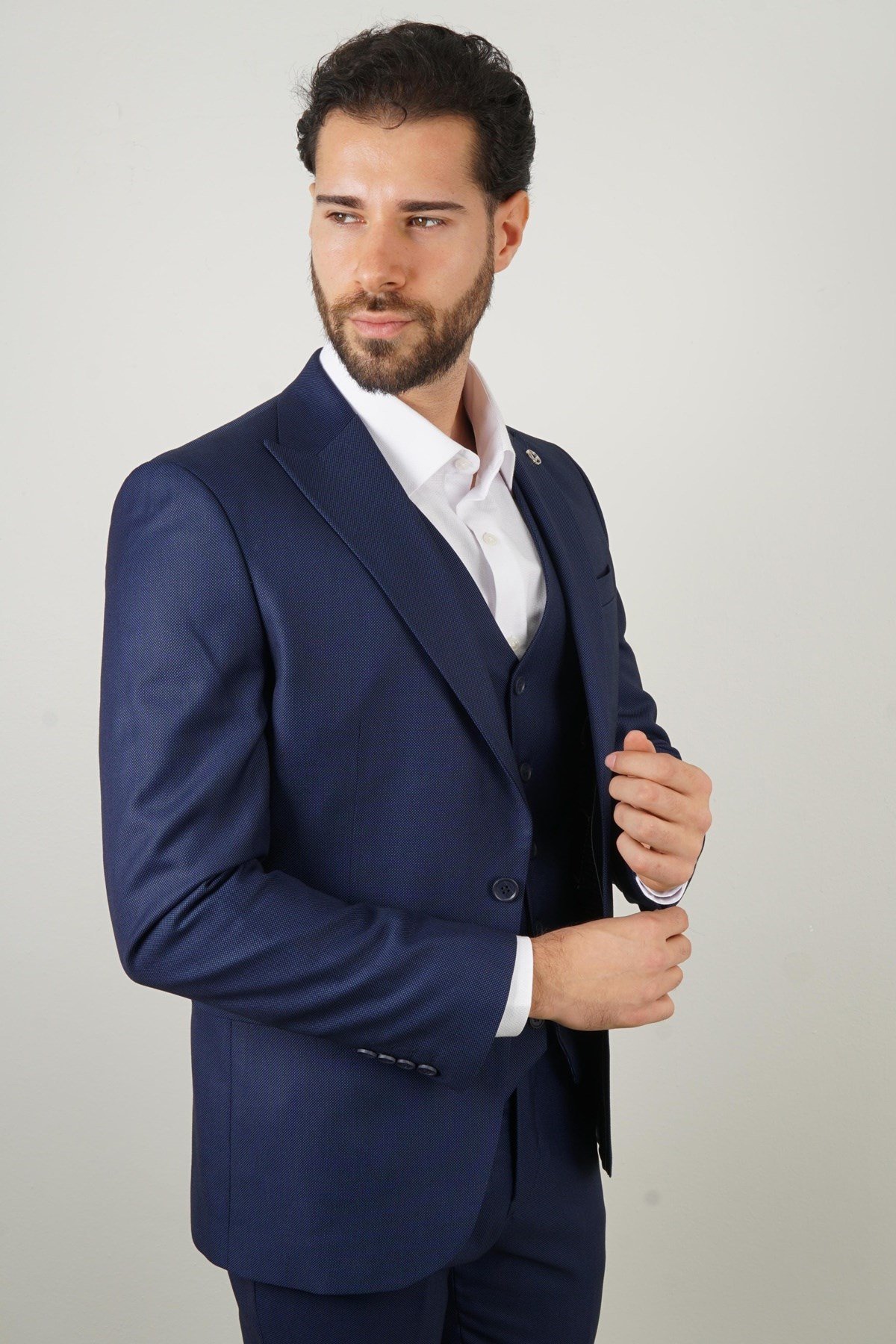 Maserto Slim Fit Mavi Takım Elbise Kendinden Desenli