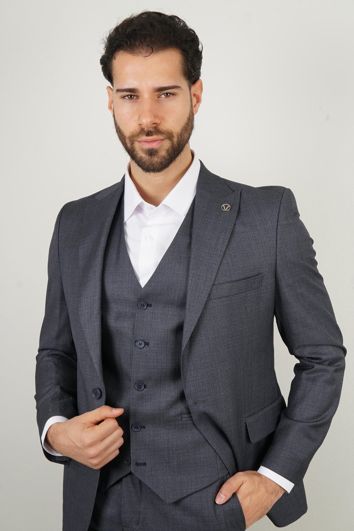 Maserto Slim Fit Mavi Takım Elbise Kendinden Desenli