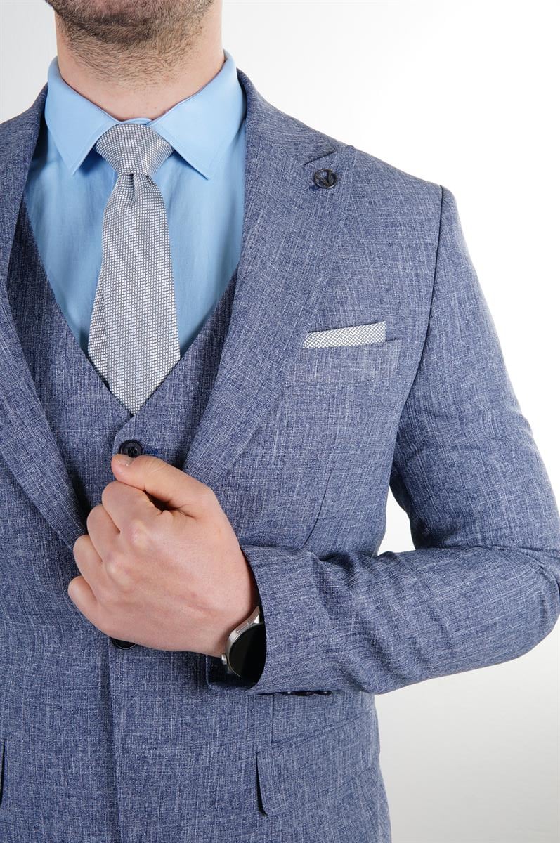 Maserto Slim Fit Mavi Takım Elbise Kendinden Desenli