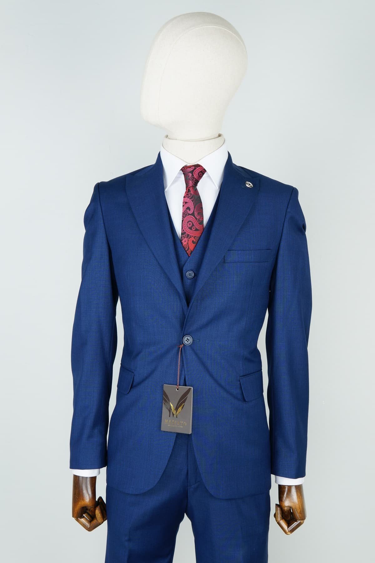 Maserto Slim Fit Mavi Takım Elbise Kendinden Desenli