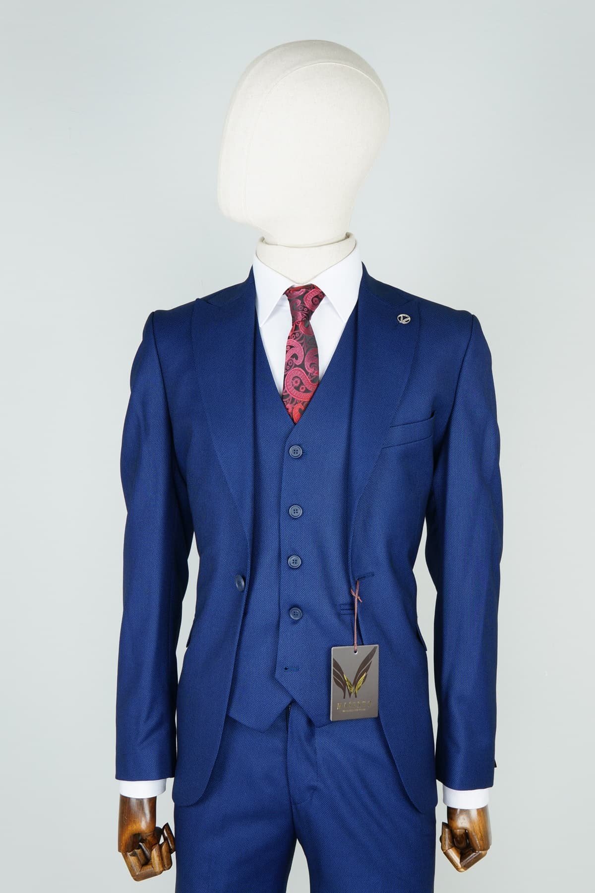 Maserto Slim Fit Mavi Takım Elbise Kendinden Desenli