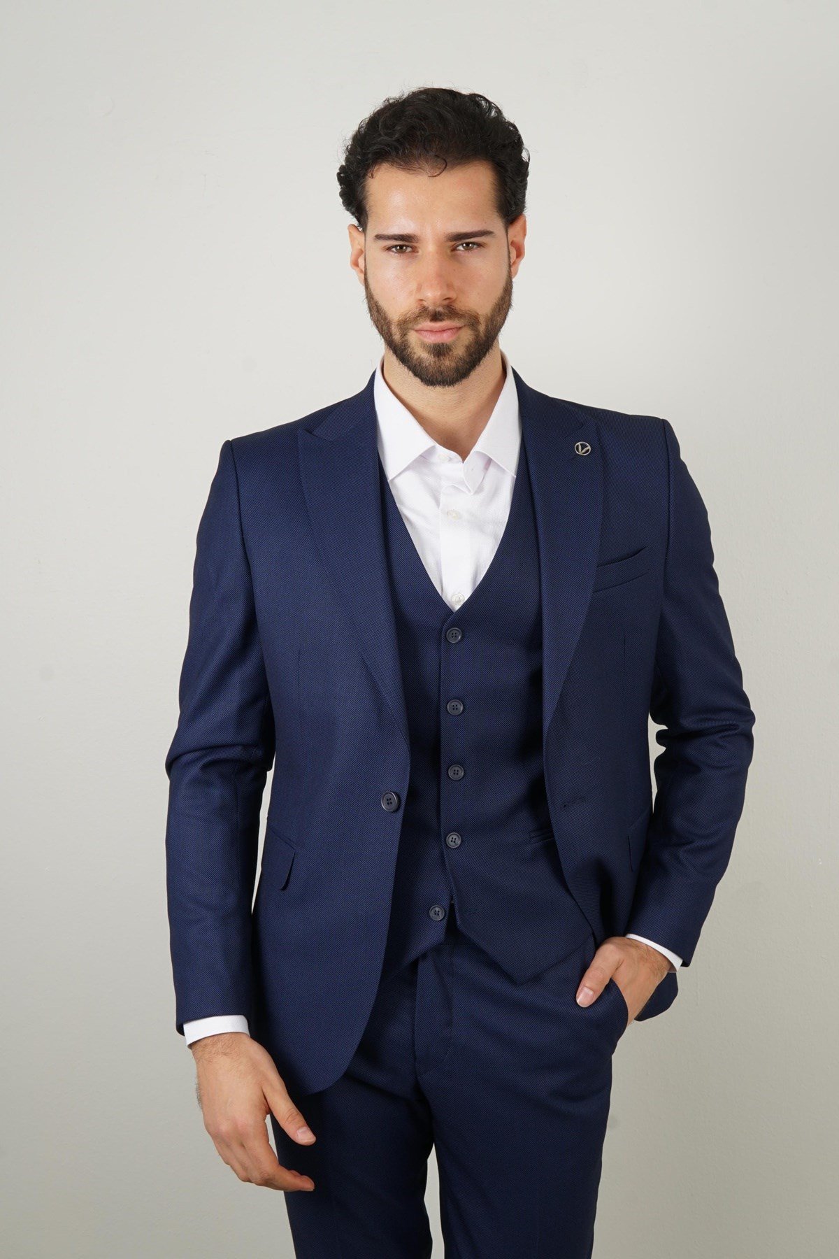 Maserto Slim Fit Mavi Takım Elbise Kendinden Desenli