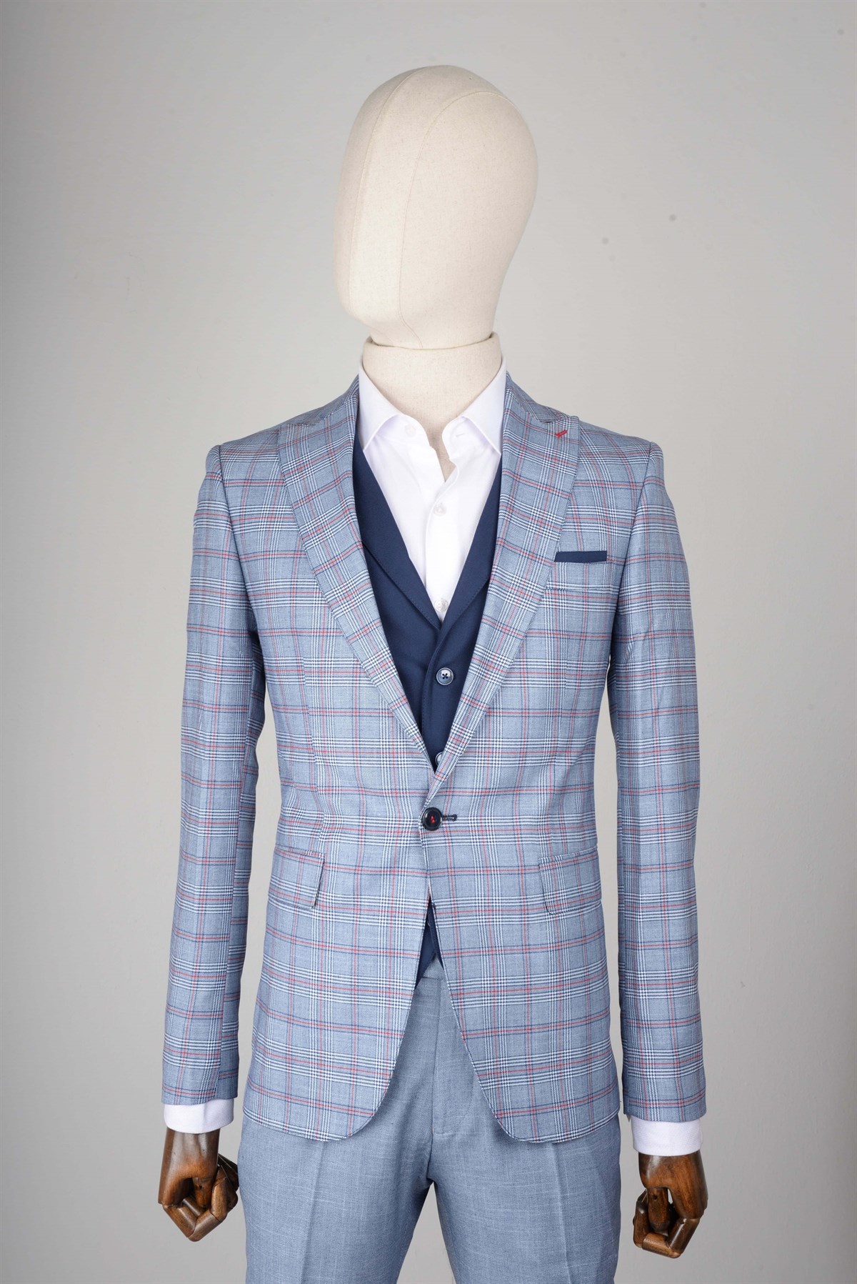 Maserto Slim Fit Mavi Yelekli Takım Elbise Ekose Desenli