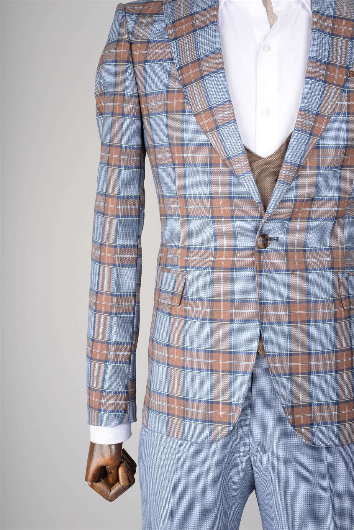 Maserto Slim Fit Mavi Yelekli Takım Elbise Ekose Desenli