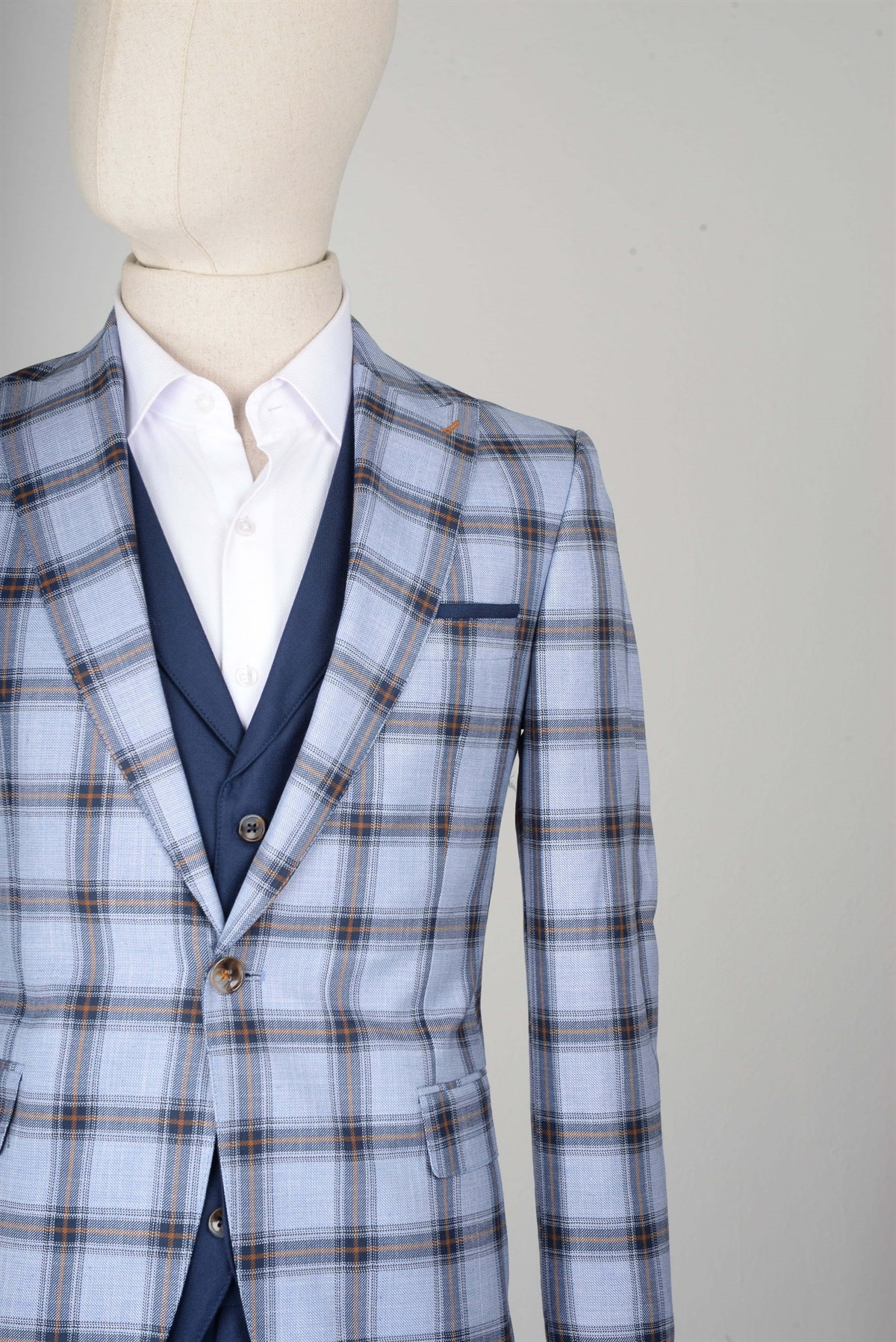 Maserto Slim Fit Mavi Yelekli Takım Elbise Ekose Desenli