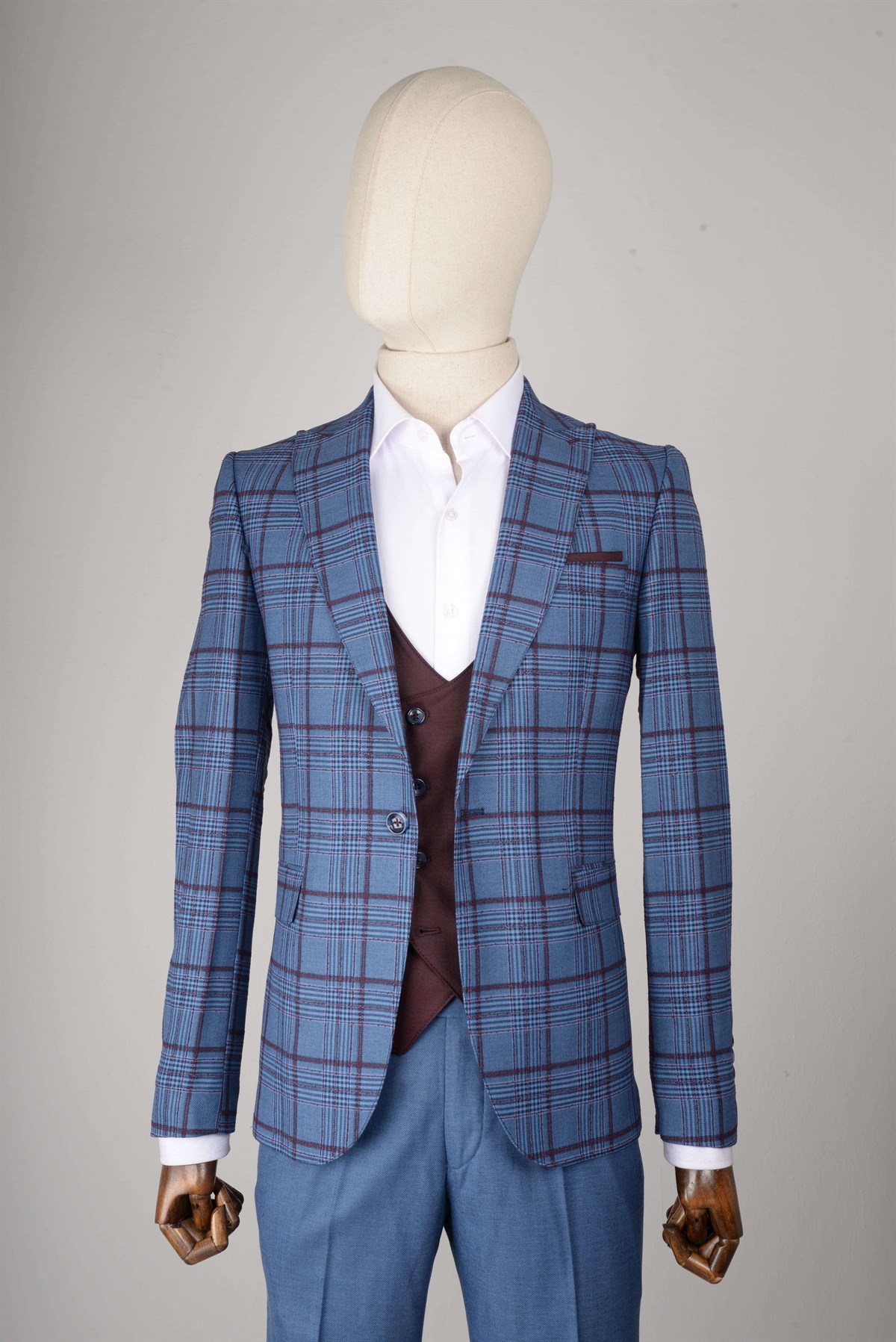 Maserto Slim Fit Mavi Yelekli Takım Elbise Ekose Desenli