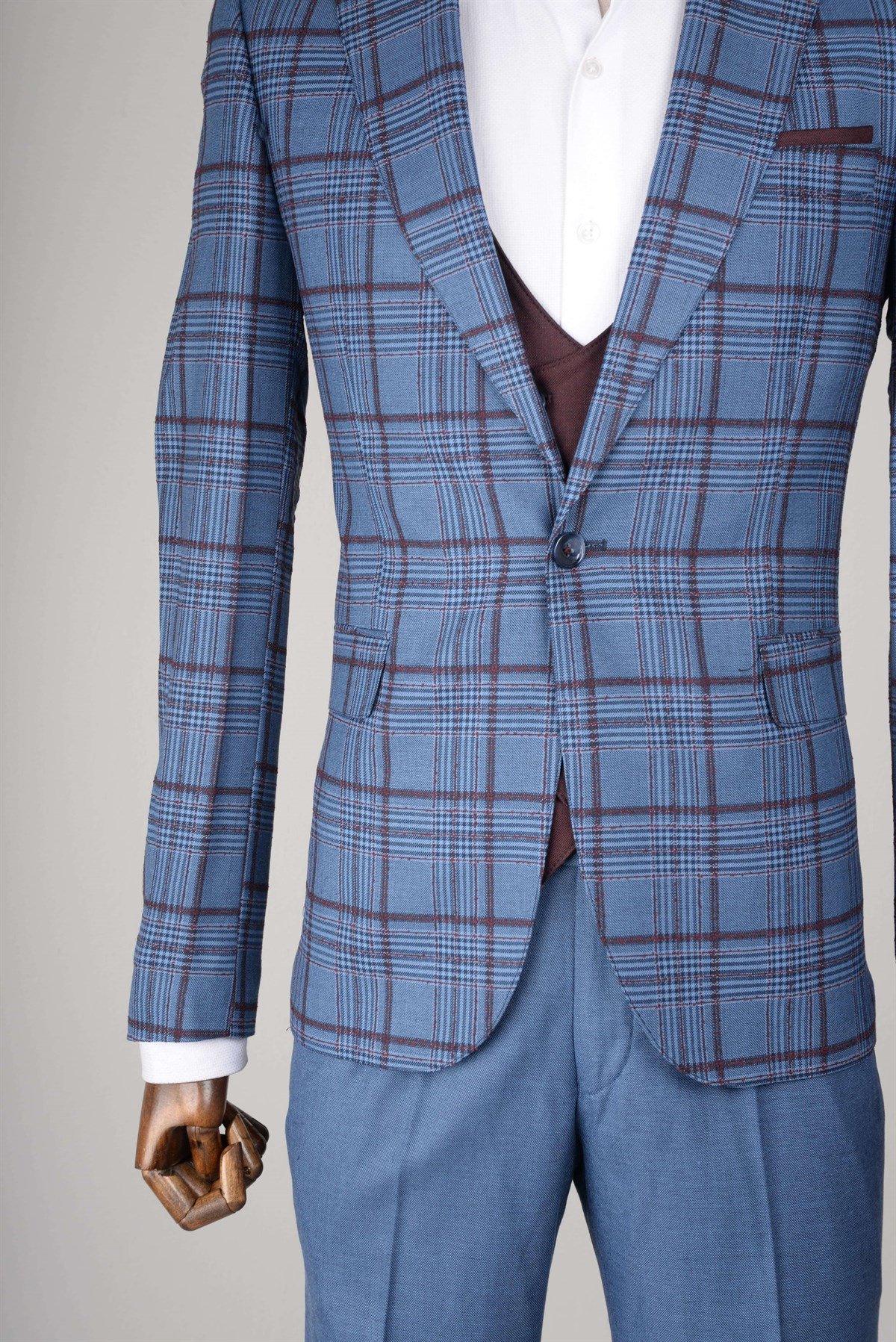 Maserto Slim Fit Mavi Yelekli Takım Elbise Ekose Desenli