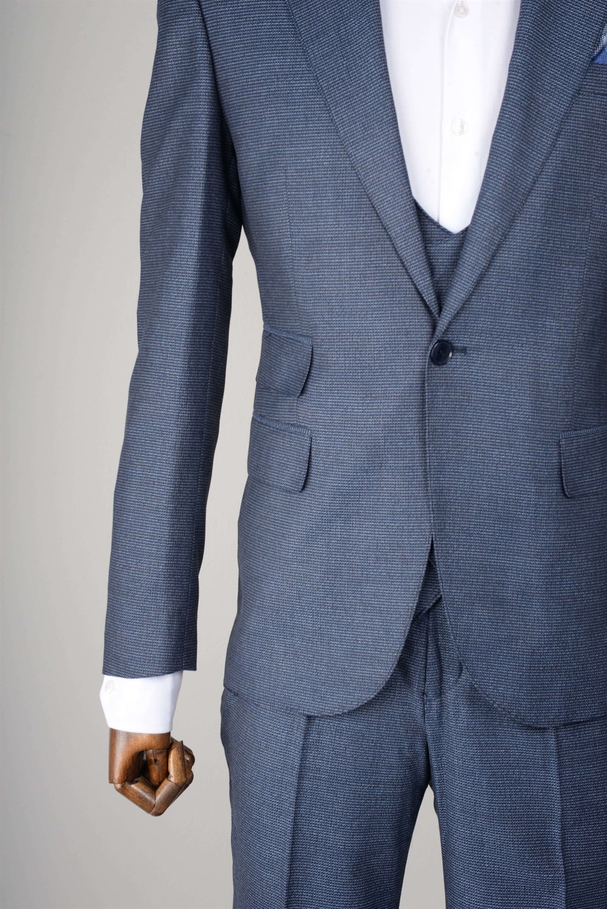 Maserto Slim Fit Mavi Yelekli Takım Elbise Kendinden Desenli