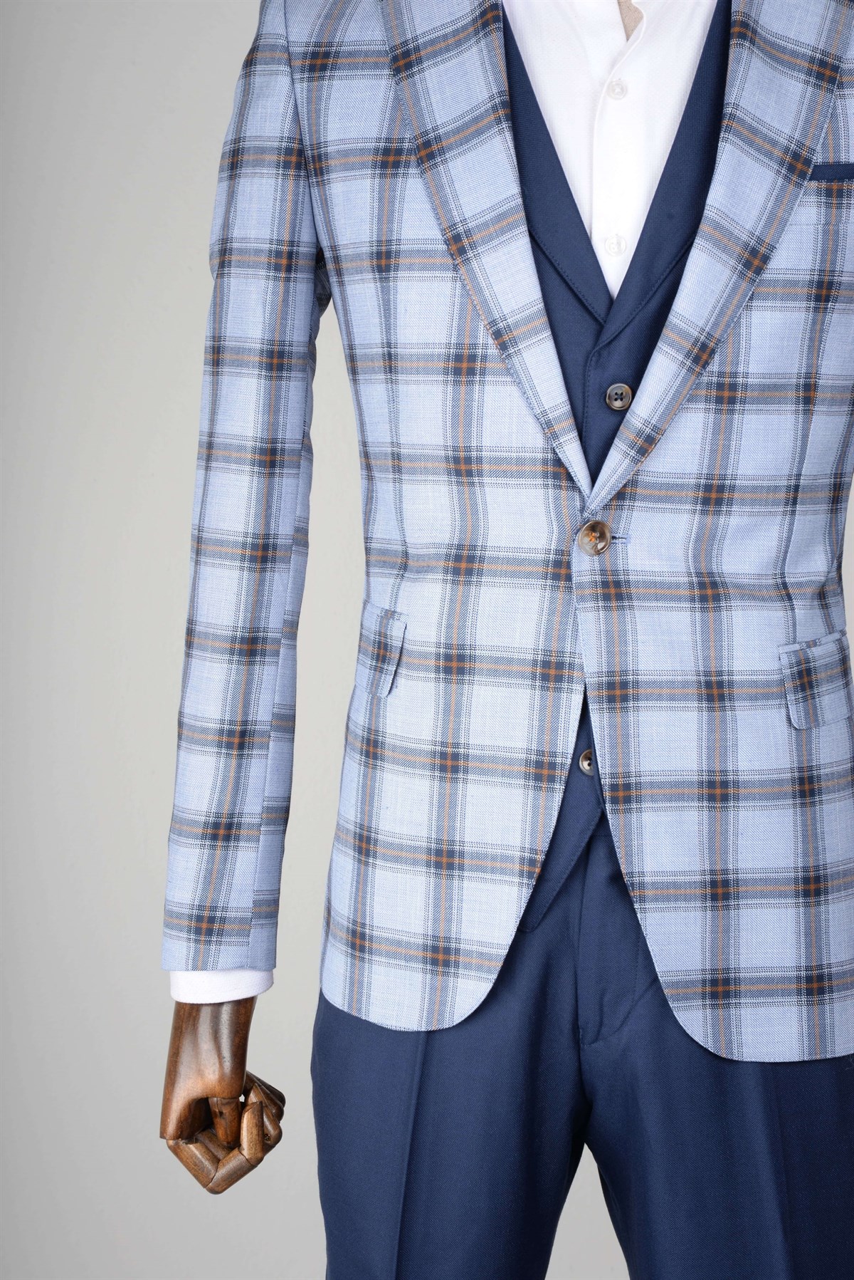 Maserto Slim Fit Mavi Yelekli Takım Elbise Ekose Desenli