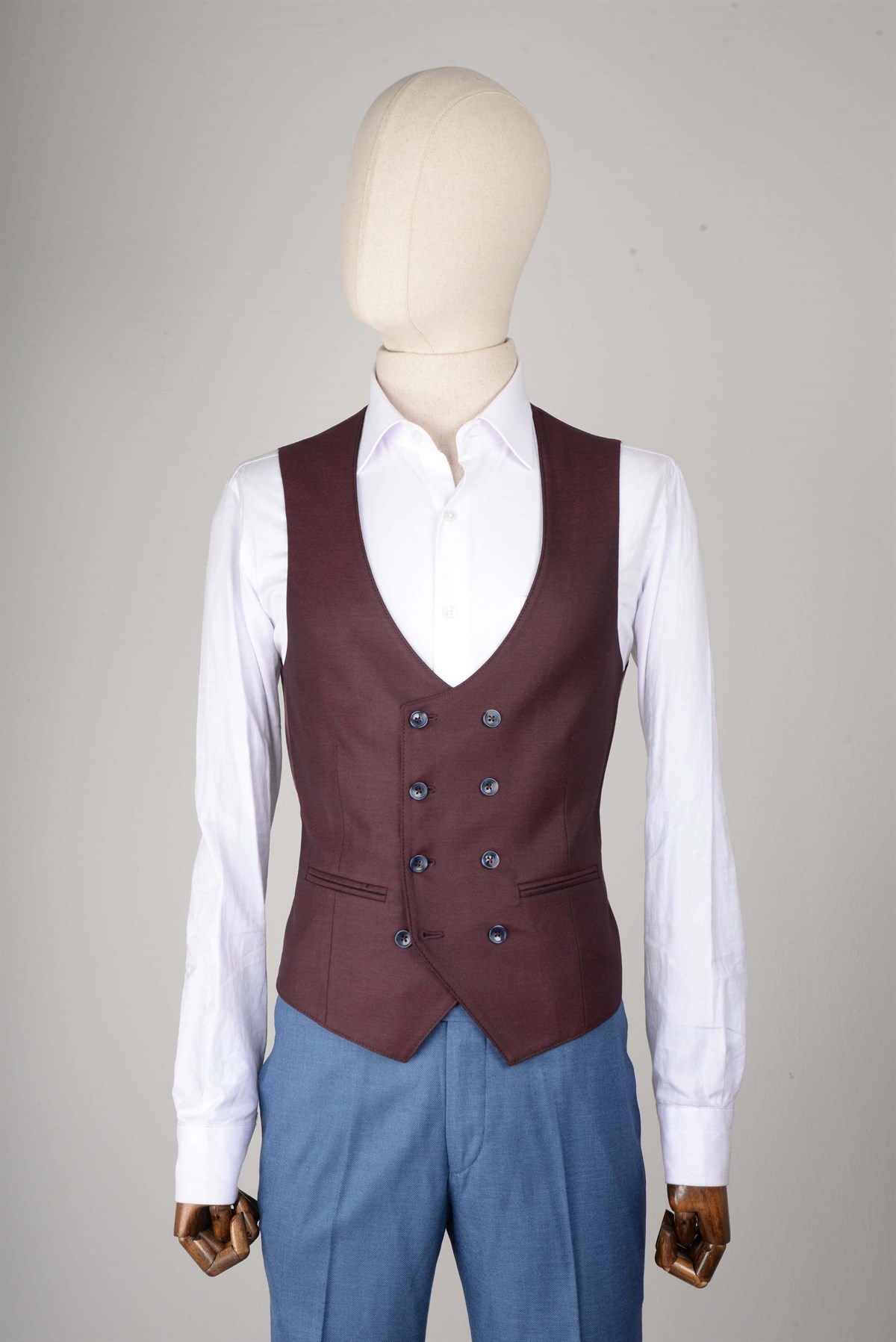 Maserto Slim Fit Mavi Yelekli Takım Elbise Ekose Desenli