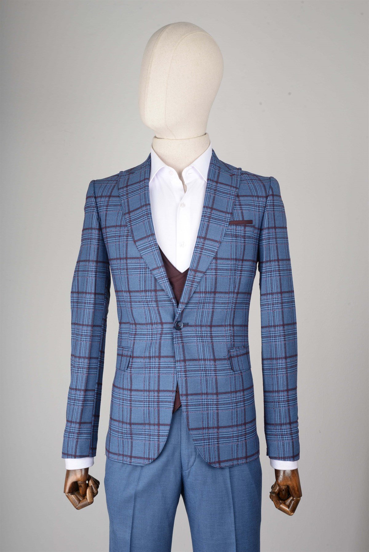 Maserto Slim Fit Mavi Yelekli Takım Elbise Ekose Desenli