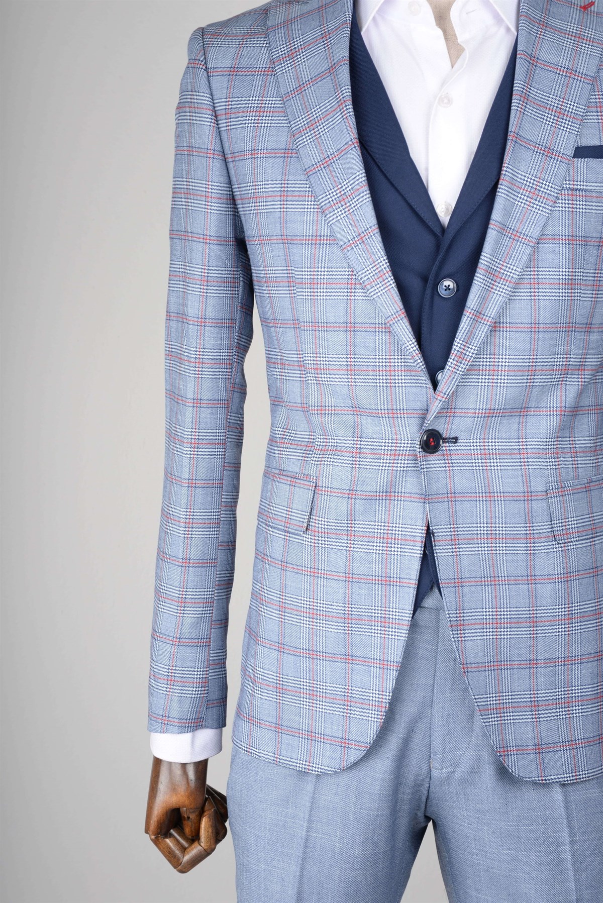 Maserto Slim Fit Mavi Yelekli Takım Elbise Ekose Desenli