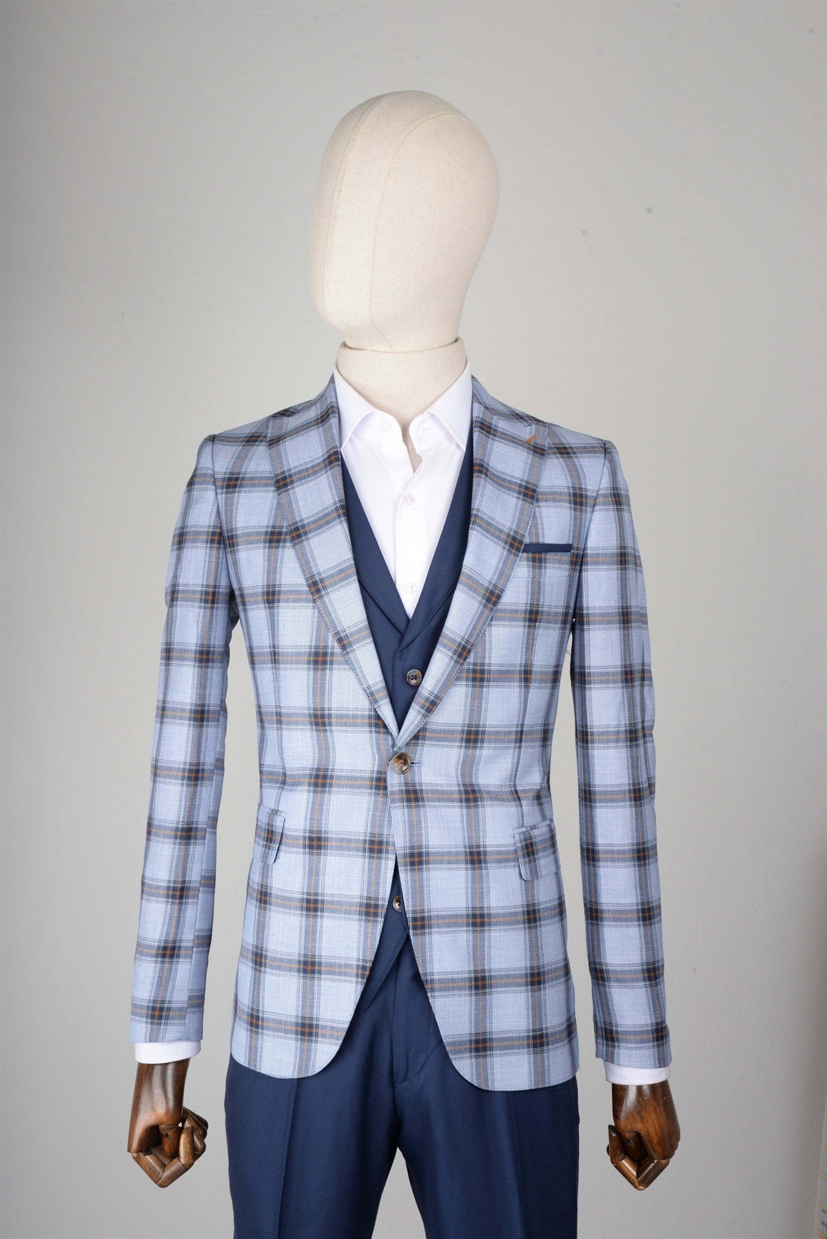 Maserto Slim Fit Mavi Yelekli Takım Elbise Ekose Desenli