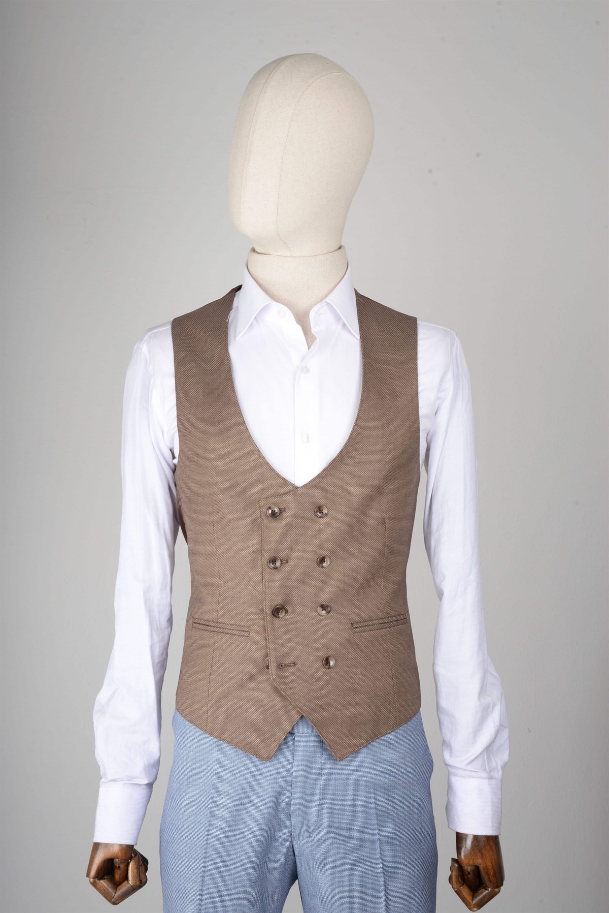 Maserto Slim Fit Mavi Yelekli Takım Elbise Ekose Desenli