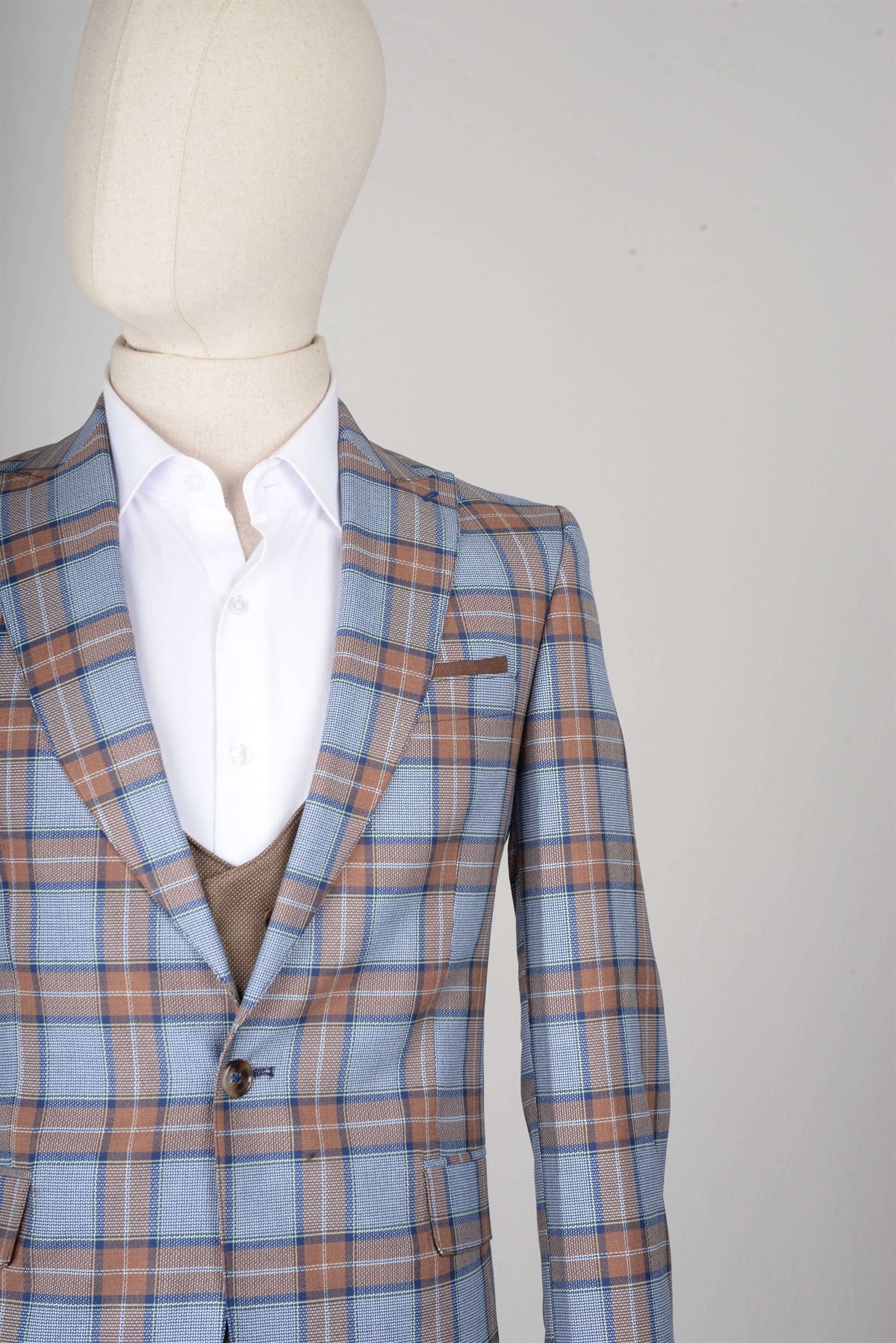 Maserto Slim Fit Mavi Yelekli Takım Elbise Ekose Desenli