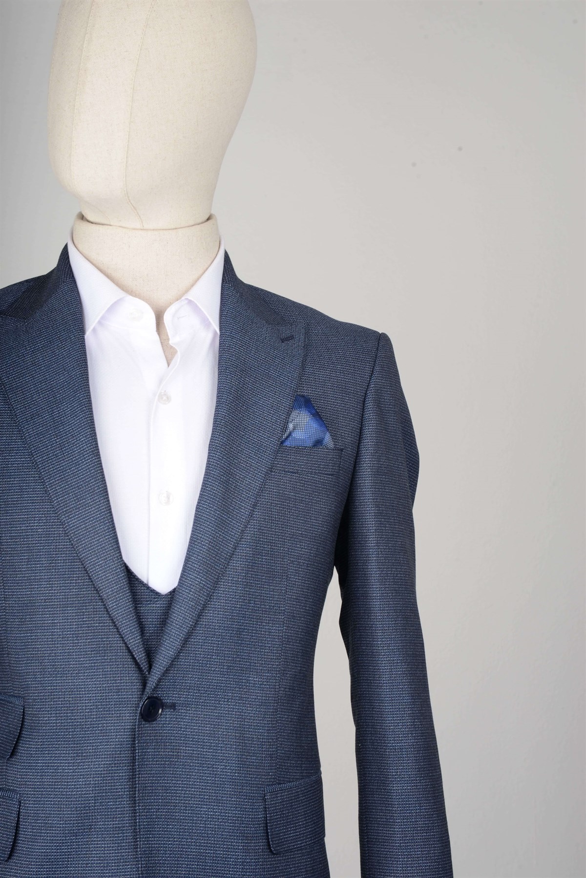 Maserto Slim Fit Mavi Yelekli Takım Elbise Kendinden Desenli