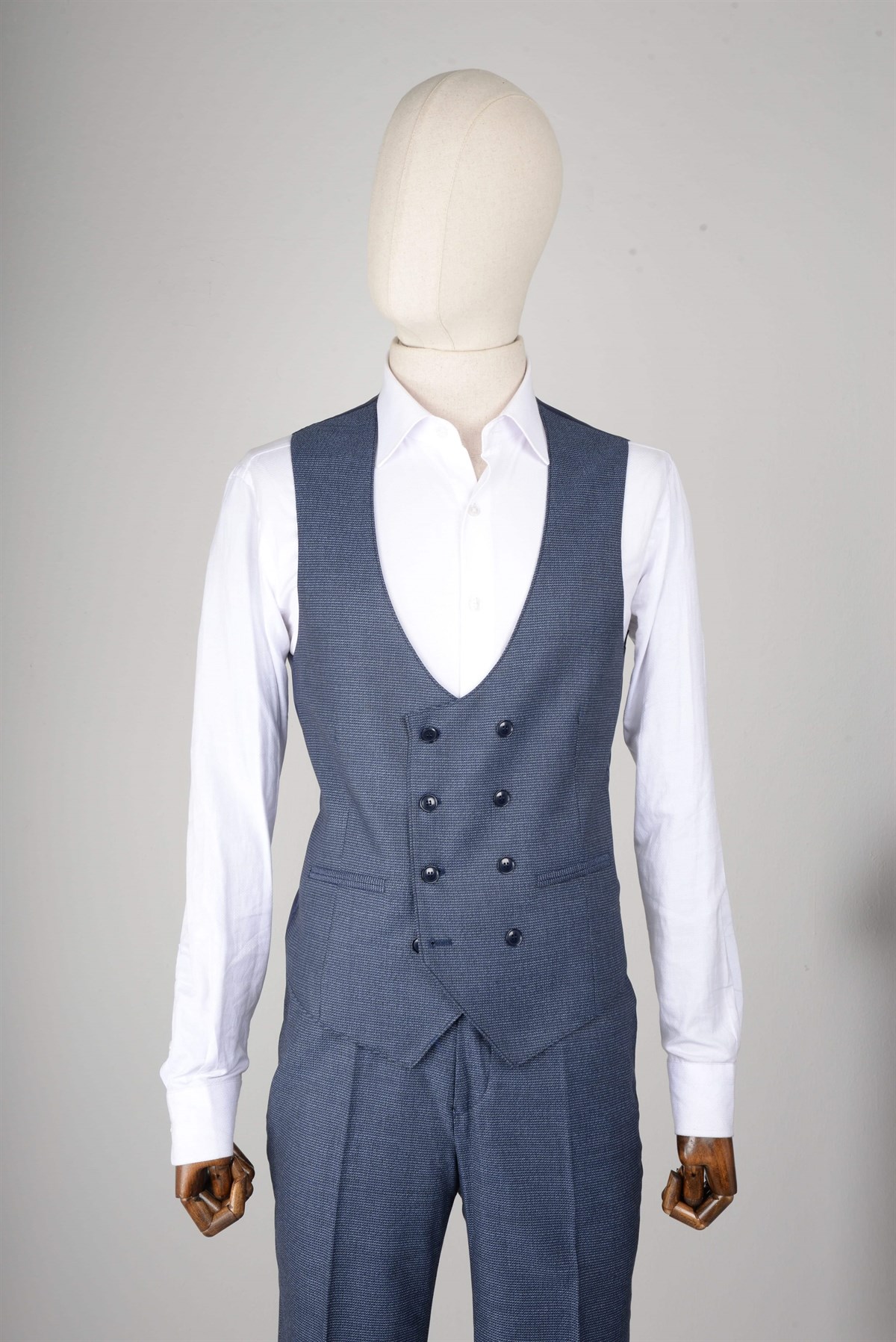 Maserto Slim Fit Mavi Yelekli Takım Elbise Kendinden Desenli