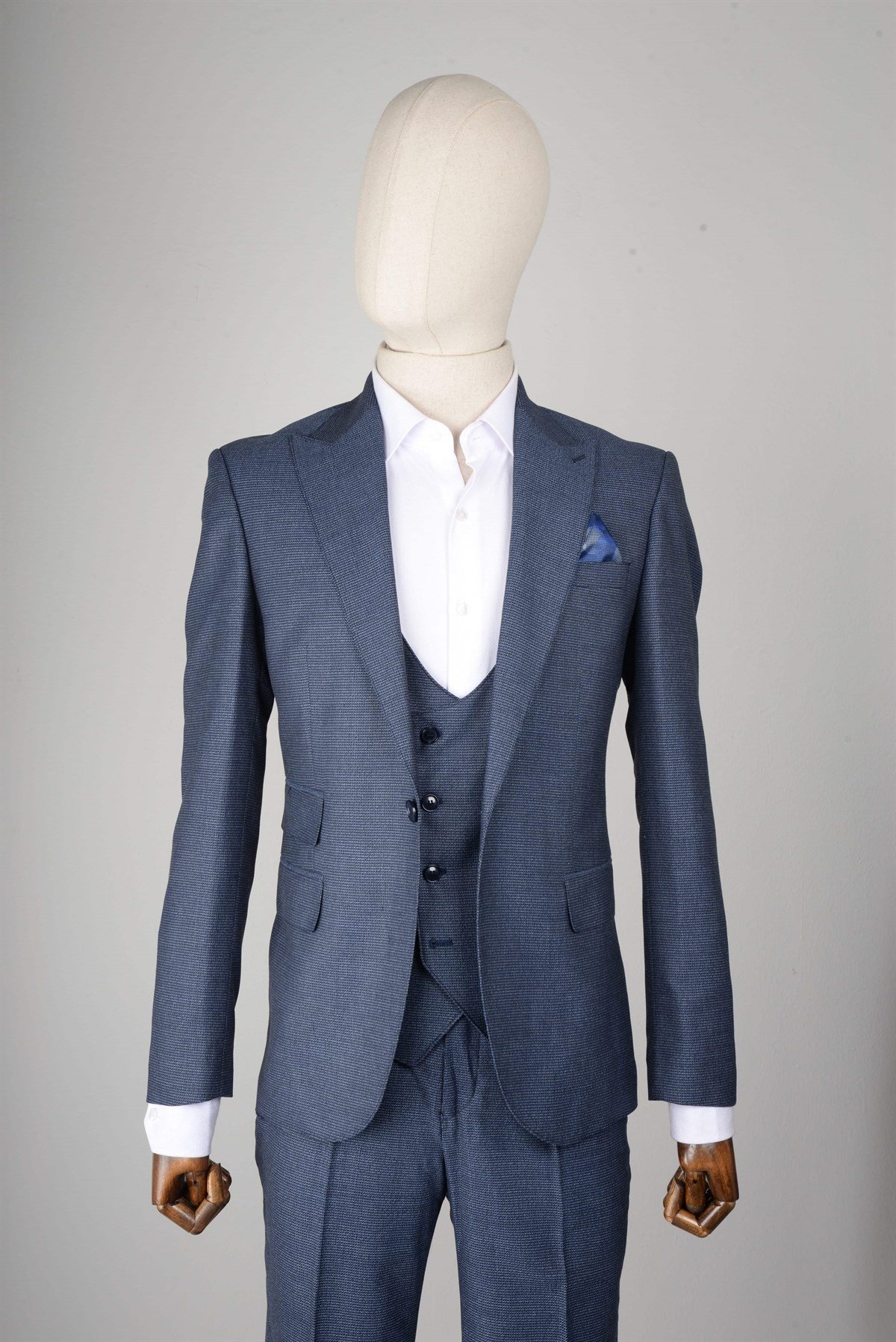 Maserto Slim Fit Mavi Yelekli Takım Elbise Kendinden Desenli