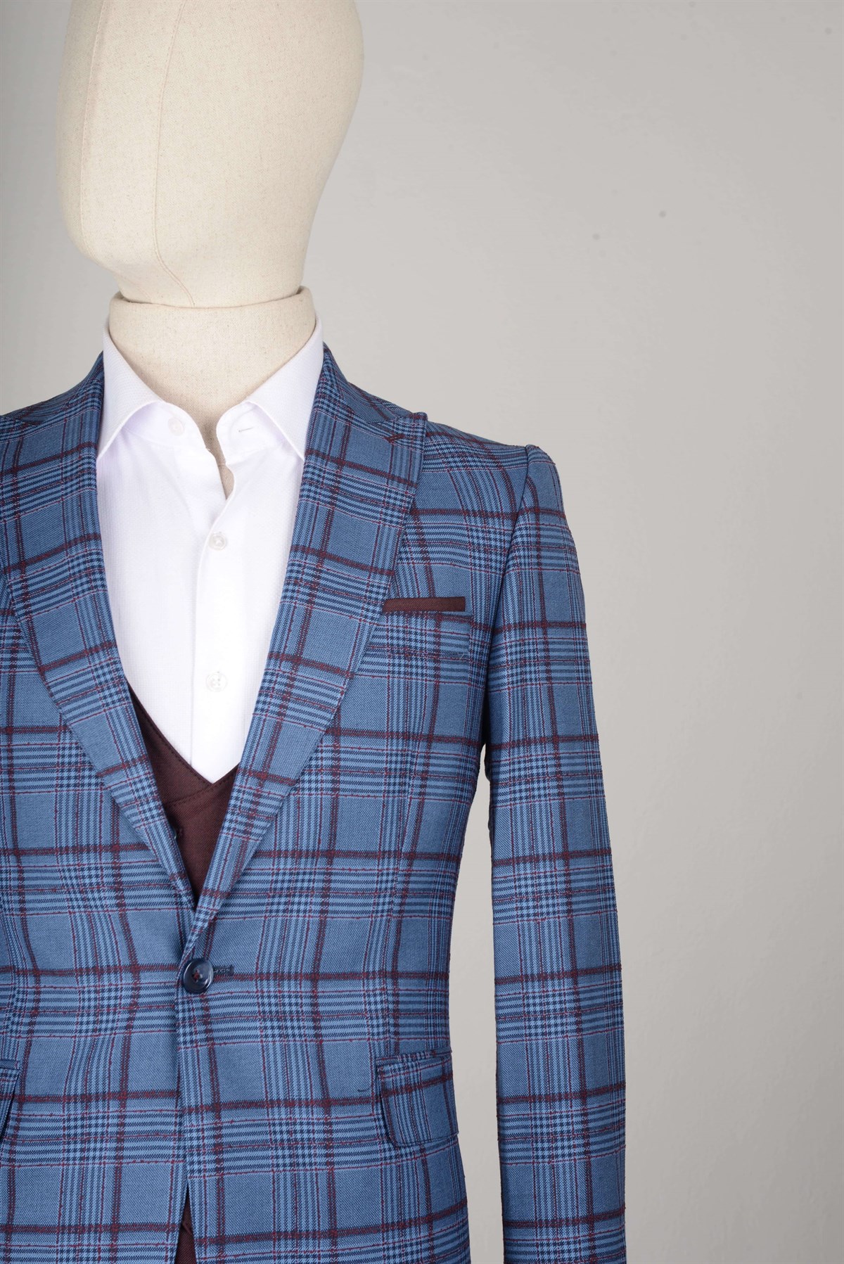 Maserto Slim Fit Mavi Yelekli Takım Elbise Ekose Desenli