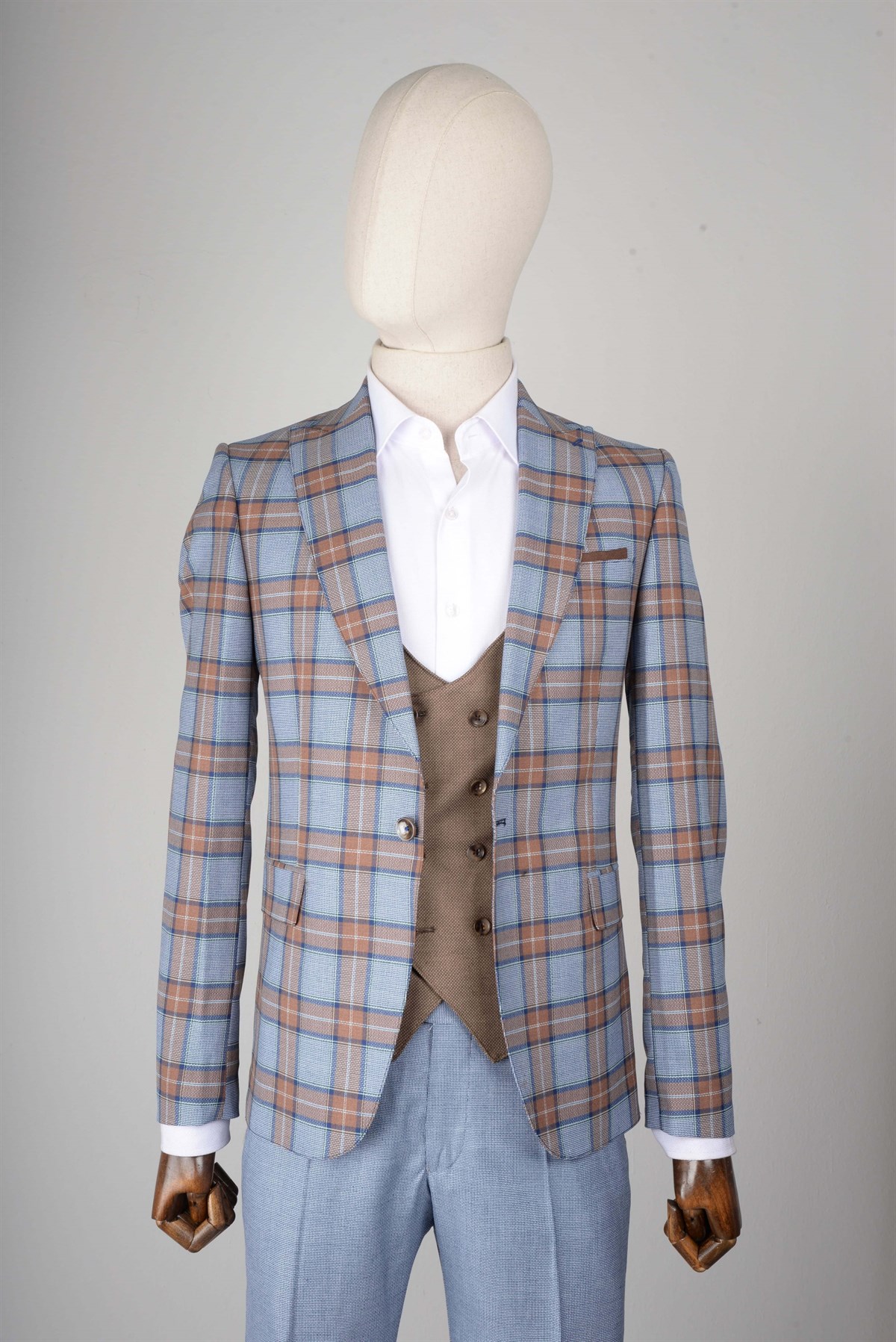 Maserto Slim Fit Mavi Yelekli Takım Elbise Ekose Desenli