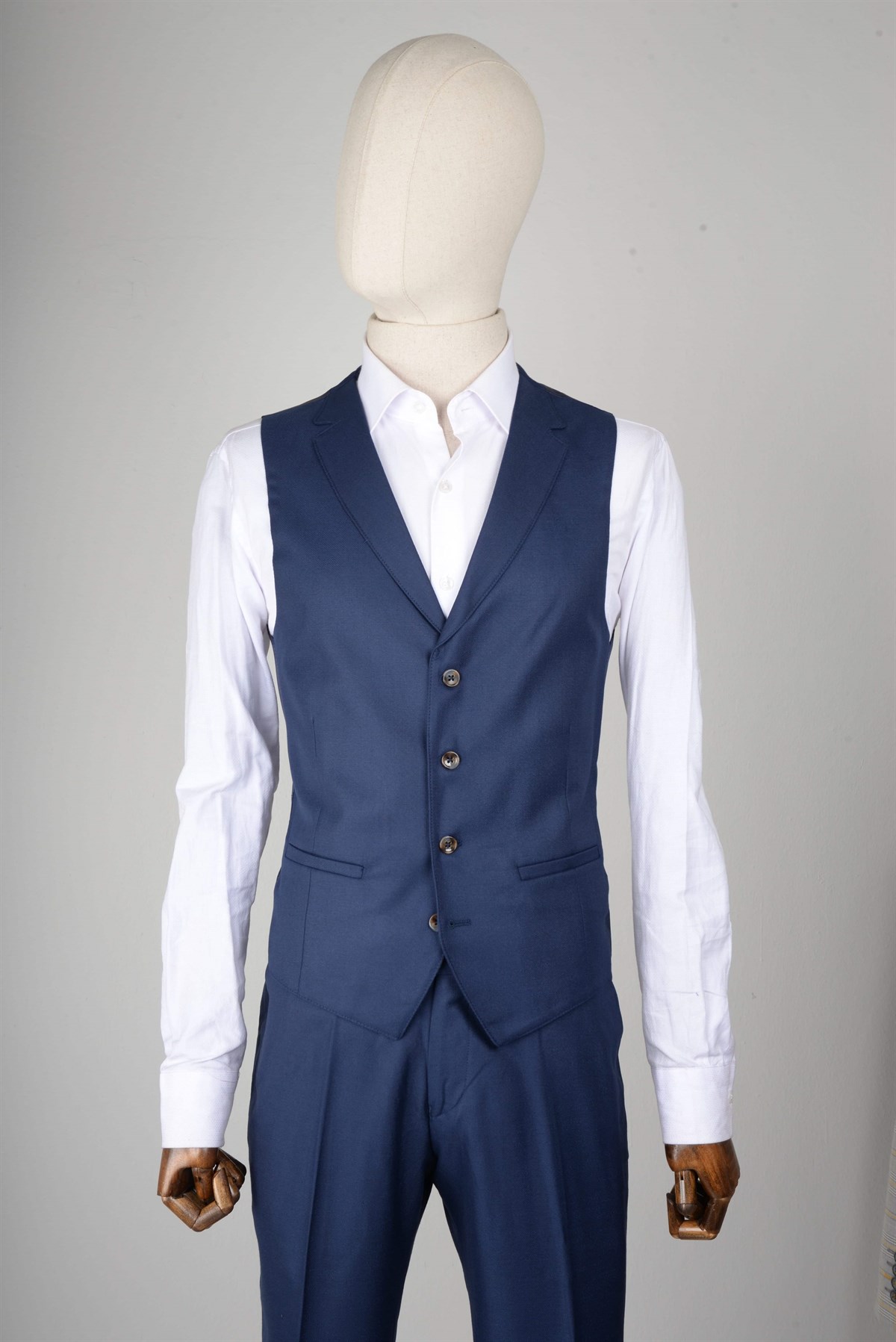 Maserto Slim Fit Mavi Yelekli Takım Elbise Ekose Desenli