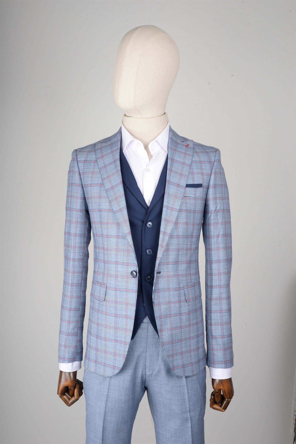 Maserto Slim Fit Mavi Yelekli Takım Elbise Ekose Desenli