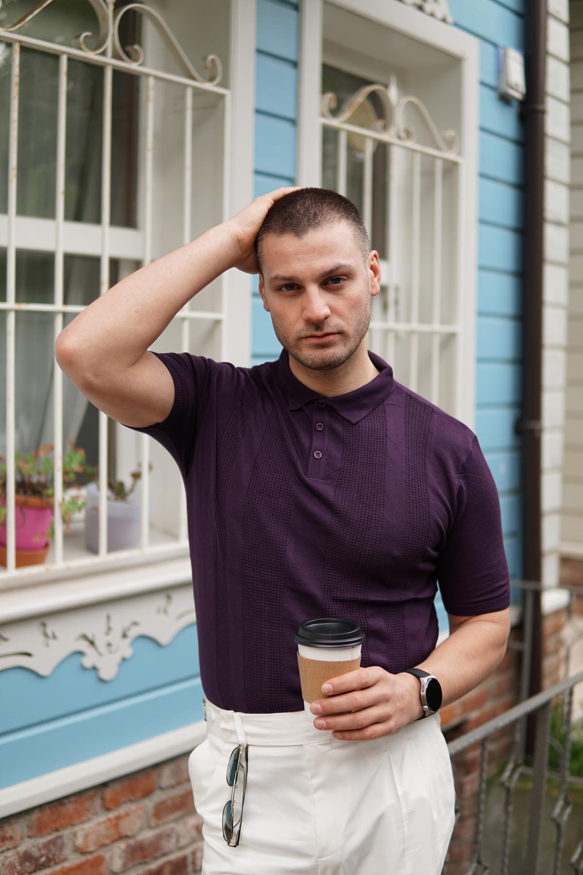 Maserto Slim Fit Mor Polo Yaka T-Shirt Örme Desenli