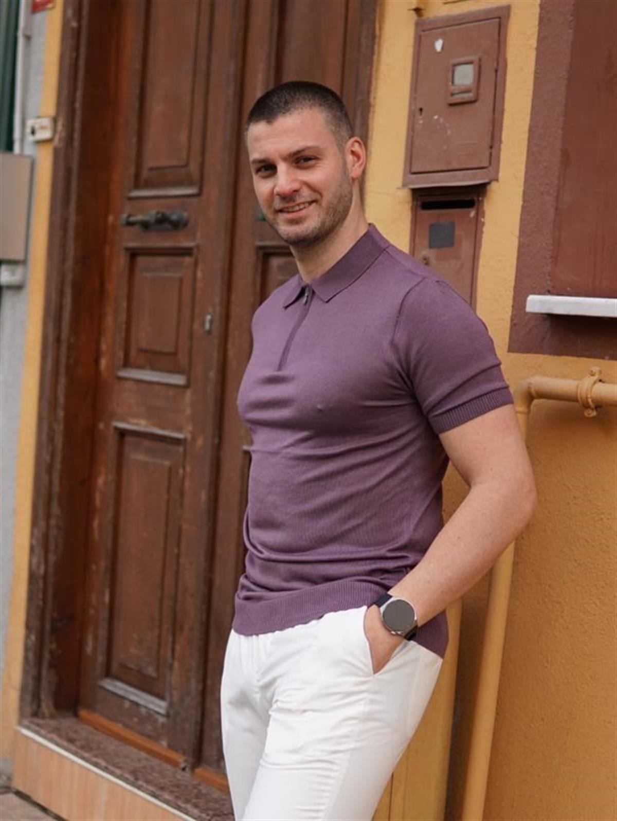 Maserto Slim Fit Mor Polo Yaka T-Shirt Örme Desenli