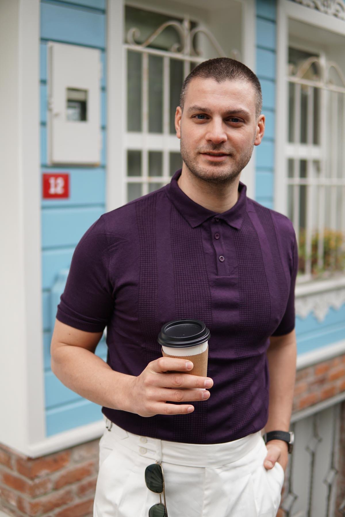 Maserto Slim Fit Mor Polo Yaka T-Shirt Örme Desenli