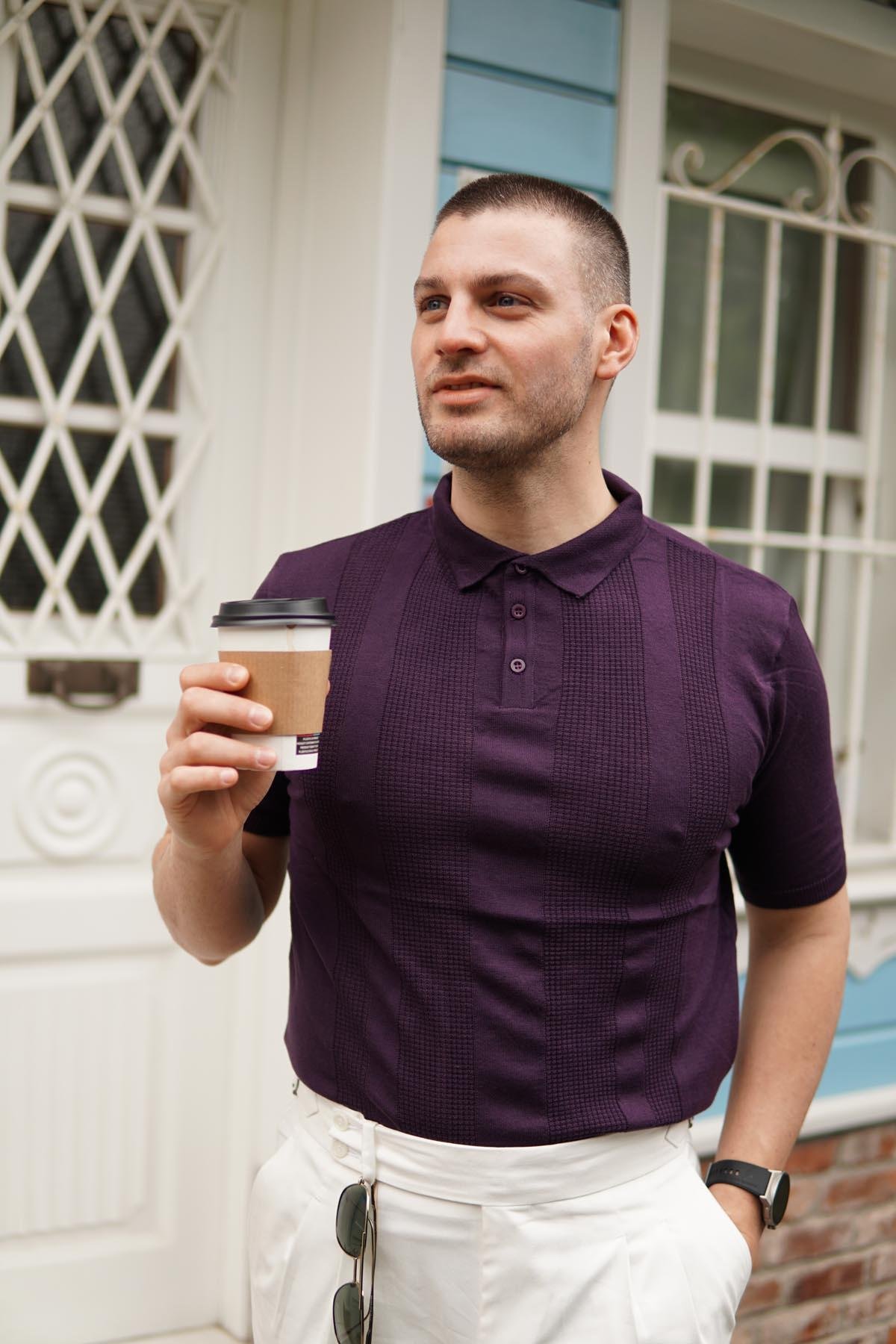 Maserto Slim Fit Mor Polo Yaka T-Shirt Örme Desenli