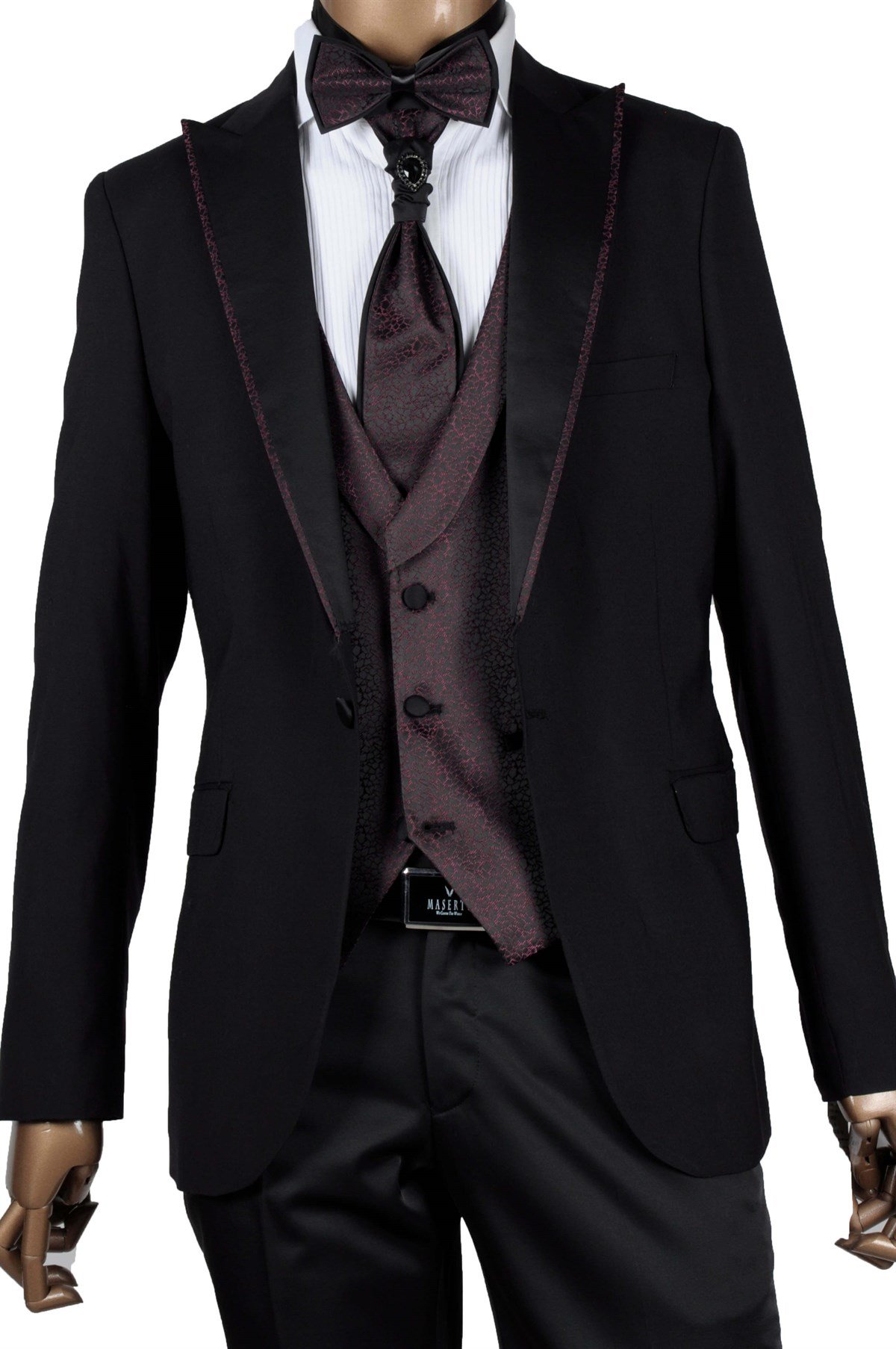 Maserto Slim Fit Mor Yelekli Özel Siyah Damatlık Desenli