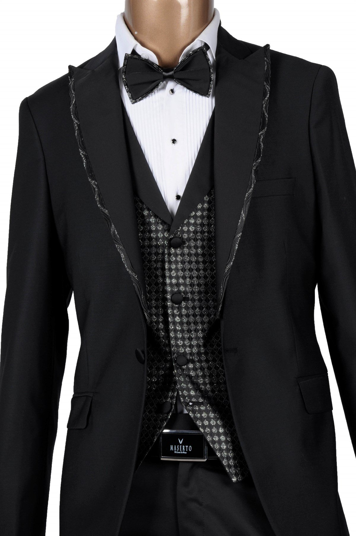 Maserto Slim Fit Özel Siyah Damatlık Parlak Desenli