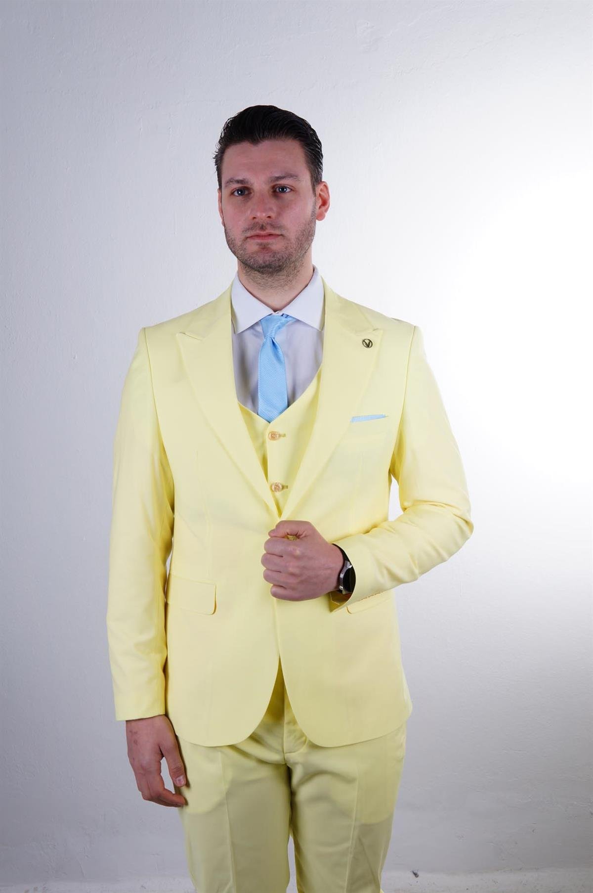 Maserto Slim Fit Sarı Takım Elbise Düz Desenli