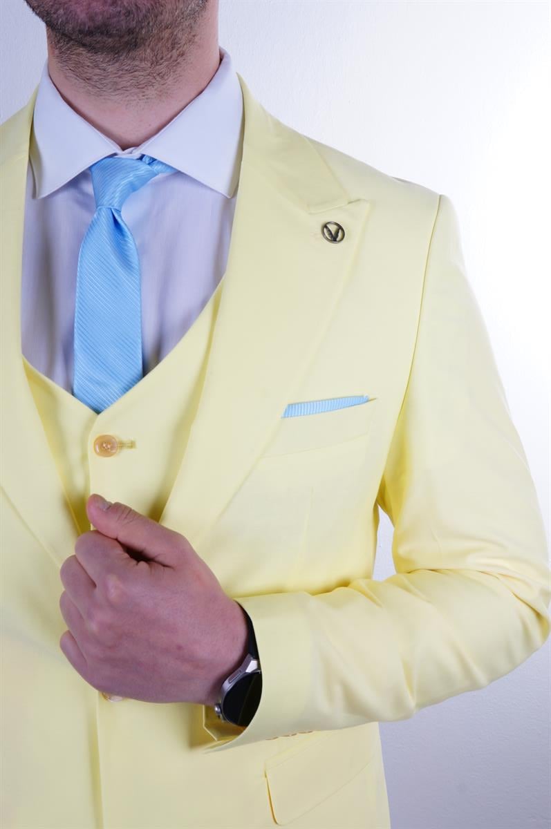 Maserto Slim Fit Sarı Takım Elbise Düz Desenli